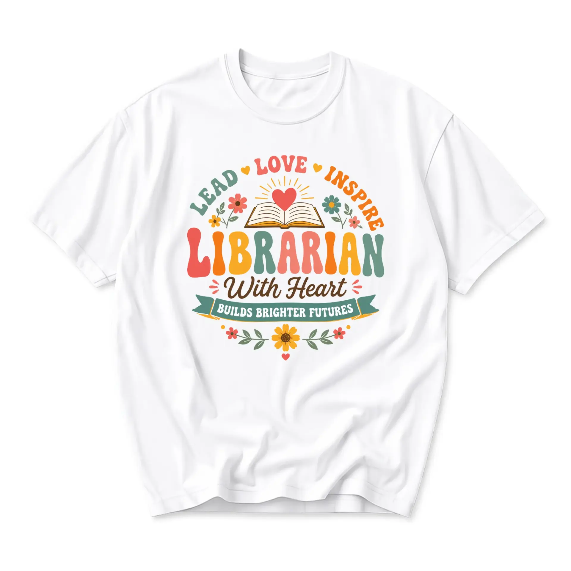 Graphic Tee Librarian with Heart Retro Style Design Unisex Casual Crew Neck T-Shirt Soft Cotton Blend Apparel Gift