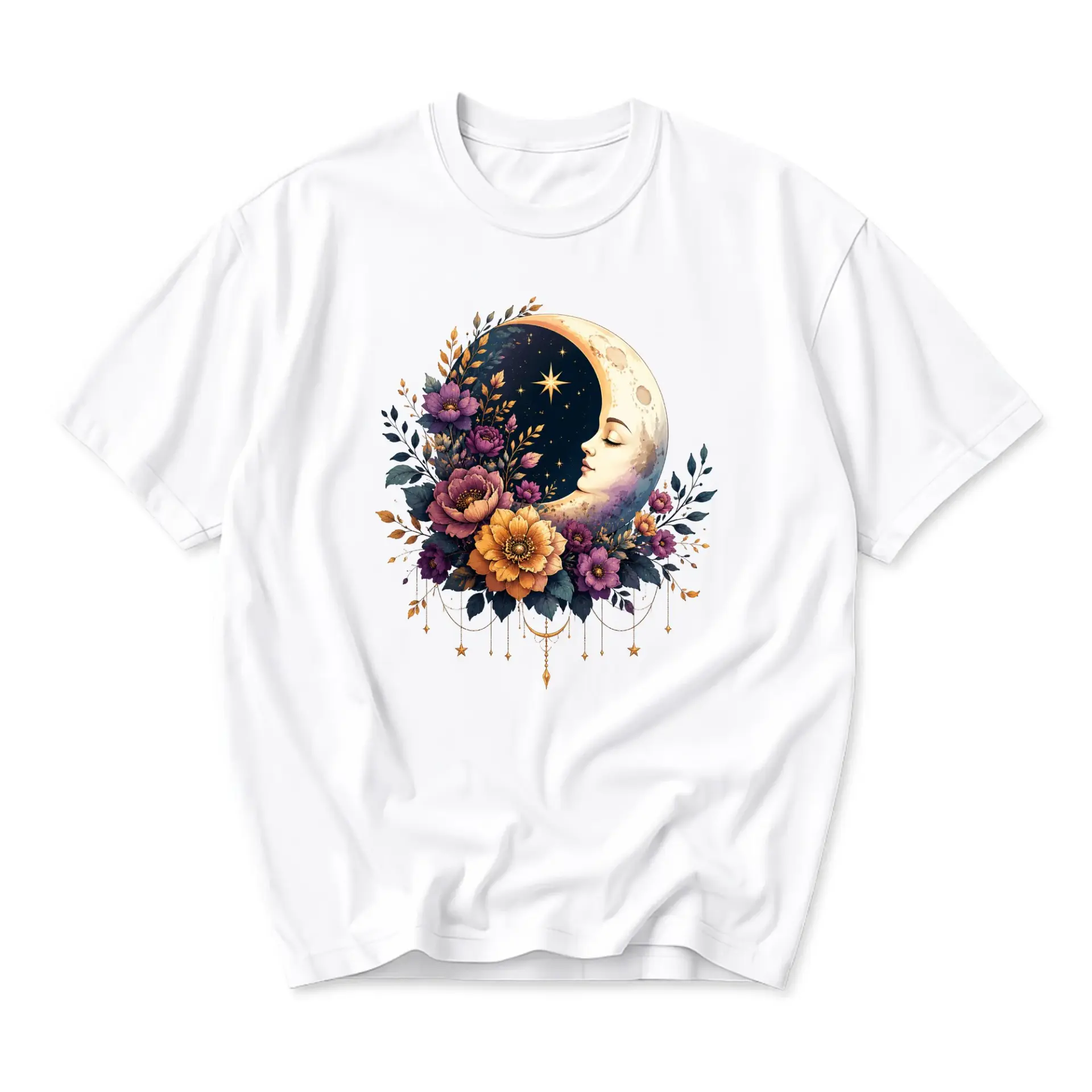 Graphic Tee Celestial Moon and Floral Art Print Unisex Crew Neck Cotton Blend Soft Breathable Casual Summer Shirt