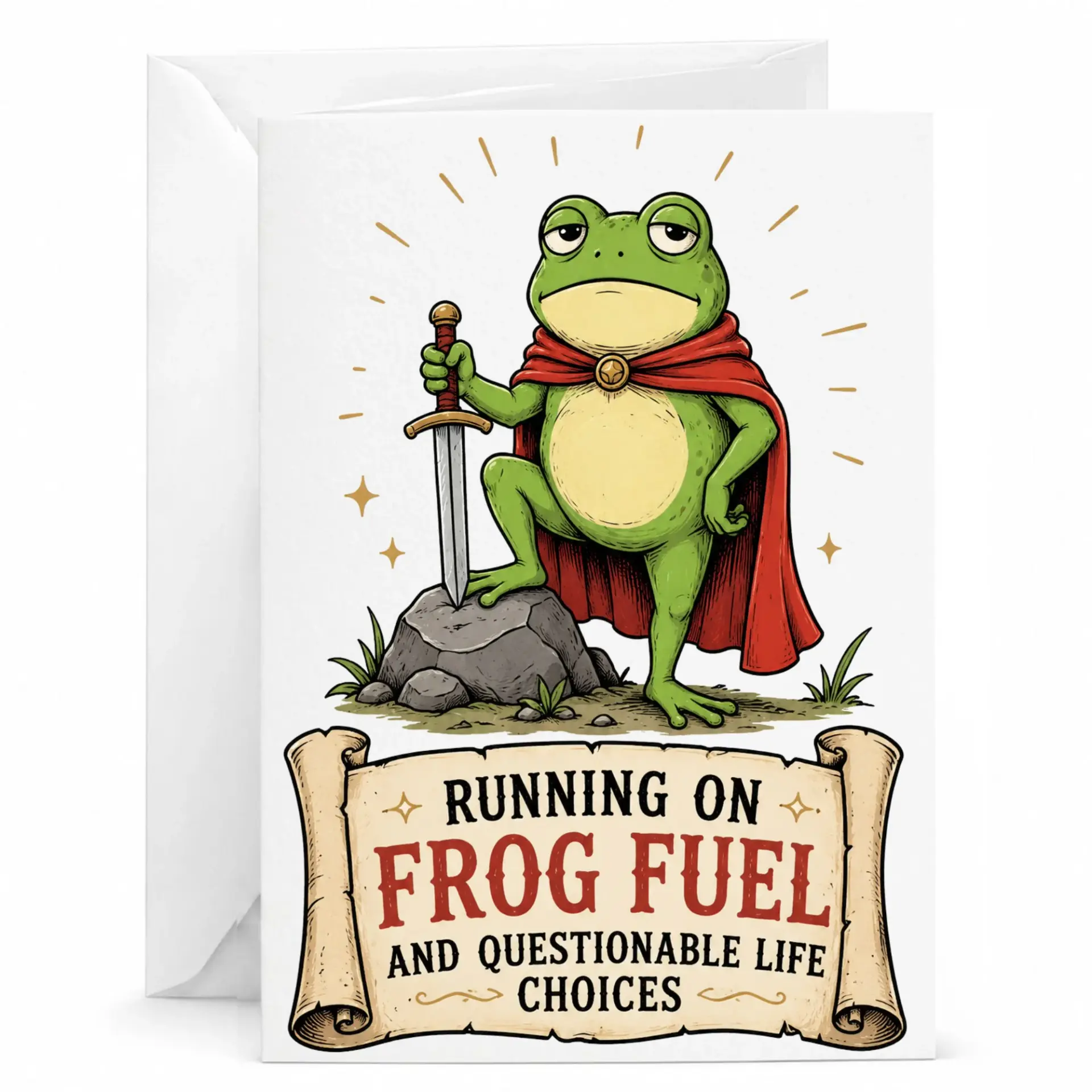 Funny Greeting Card Heroic Toad Artwork with Sword and for Encouragement or Birthday Milestone