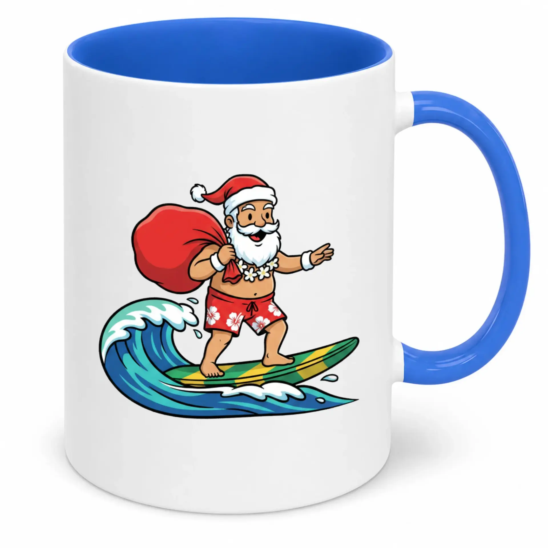 Funny Surfing Santa Christmas Ceramic Coffee Mug with Summer Holiday Beach Theme for Hot and Cold Beverages, 11 Oz or 15 Oz