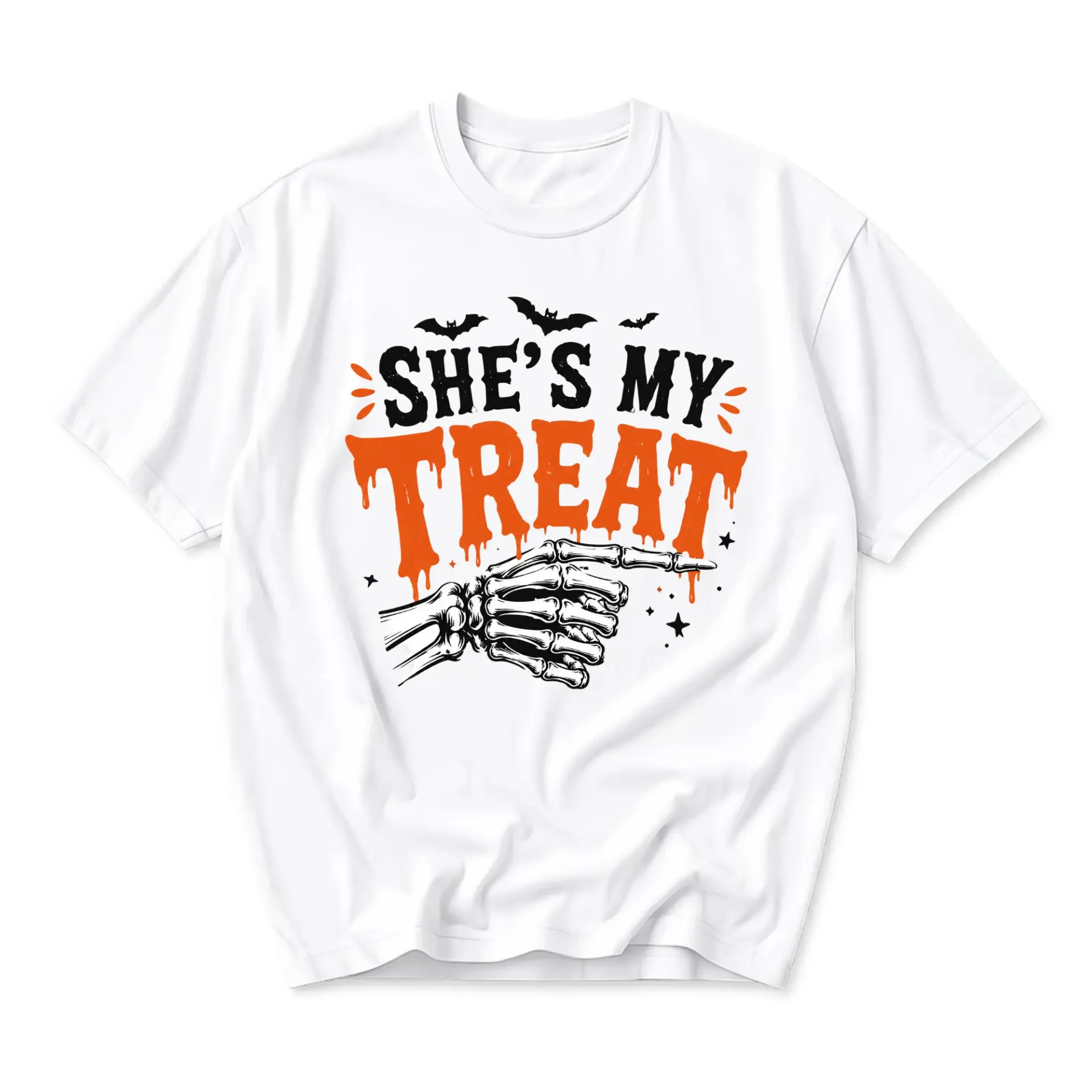 Graphic Tee She Is My Treat Skeleton Hand Halloween Unisex Crew Neck T-Shirt for Casual Everyday Holiday Wear
