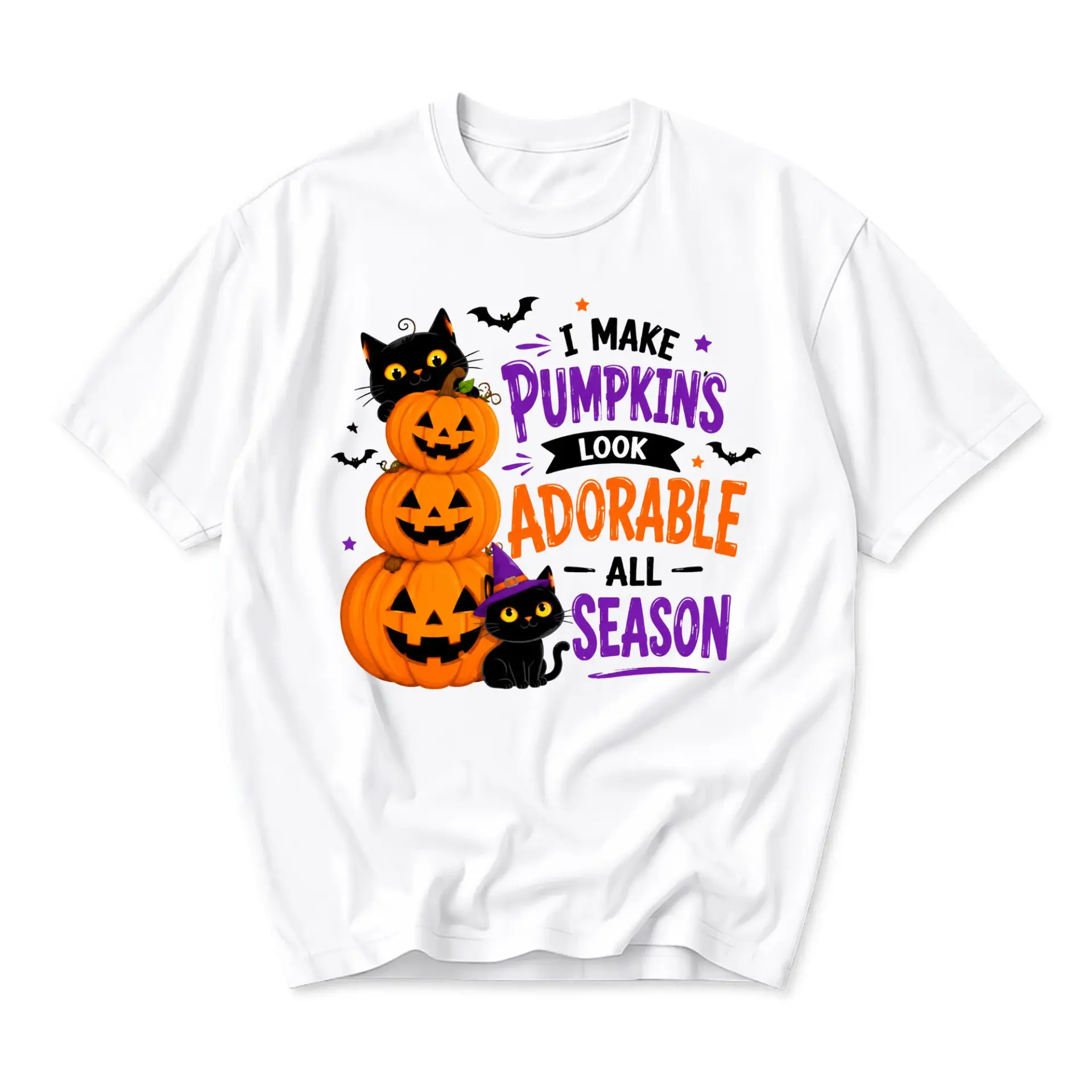 Funny Shirt I Make Pumpkins Look Adorable All Season Halloween Graphic Tee Cute Black Cat Fall Holiday Unisex Crew Neck