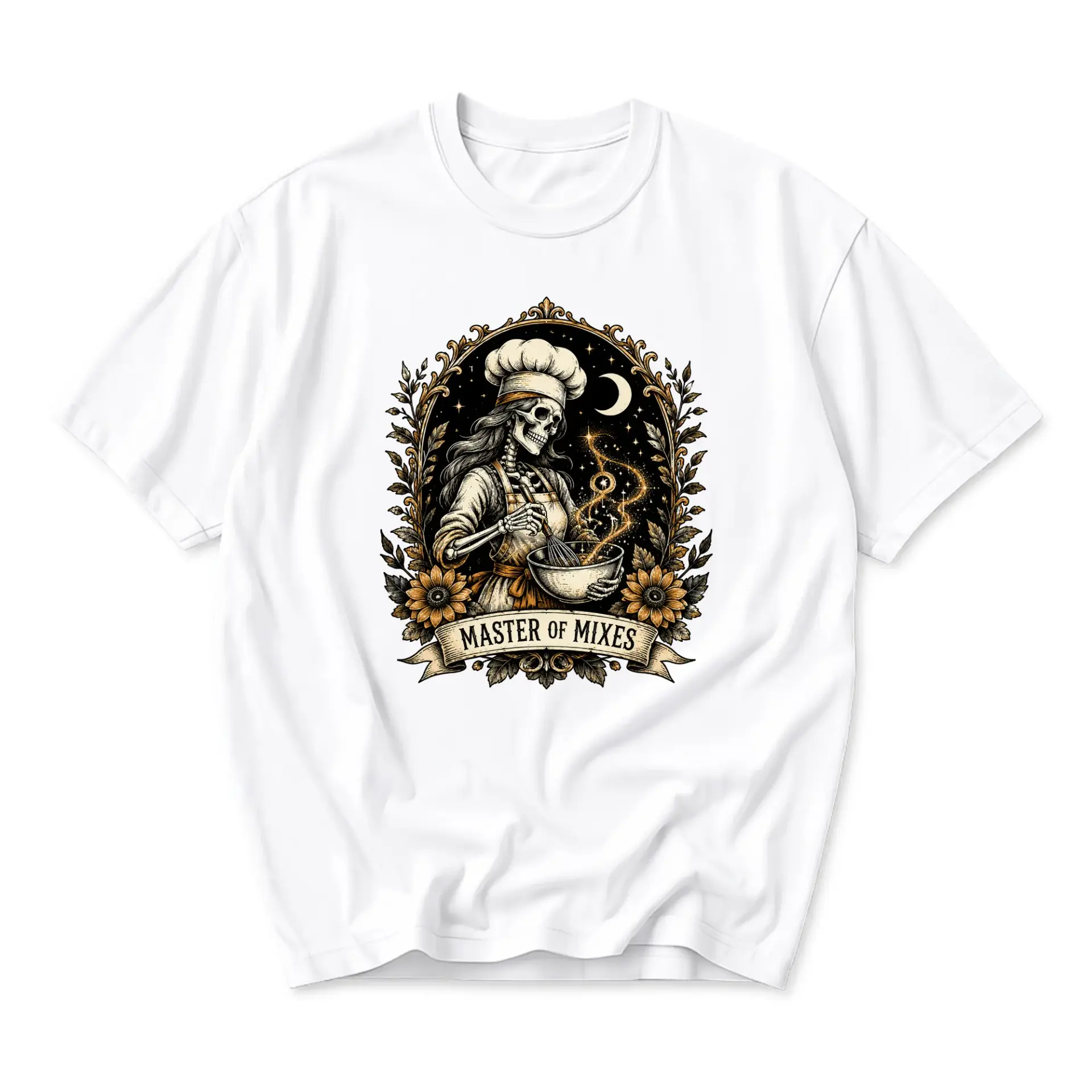 Funny Shirt Master of Mixes Skeleton Chef Graphic Tee Unisex Casual Apparel for Baking Enthusiasts and Kitchen Lovers