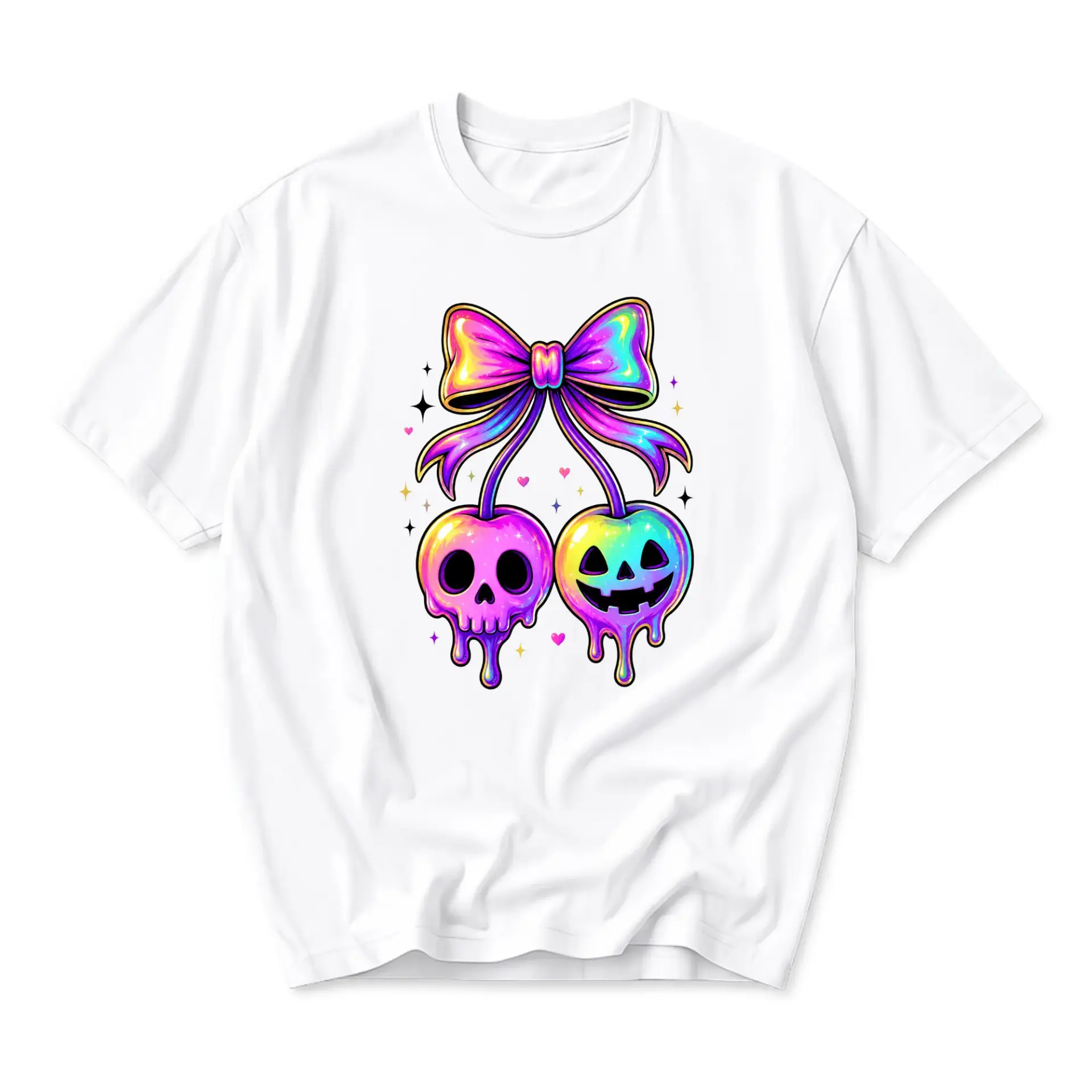Graphic Tee Unisex Crew Neck T-Shirt with Colorful Dripping Skull and Jack-O-Lantern Cherries Bow Illustration