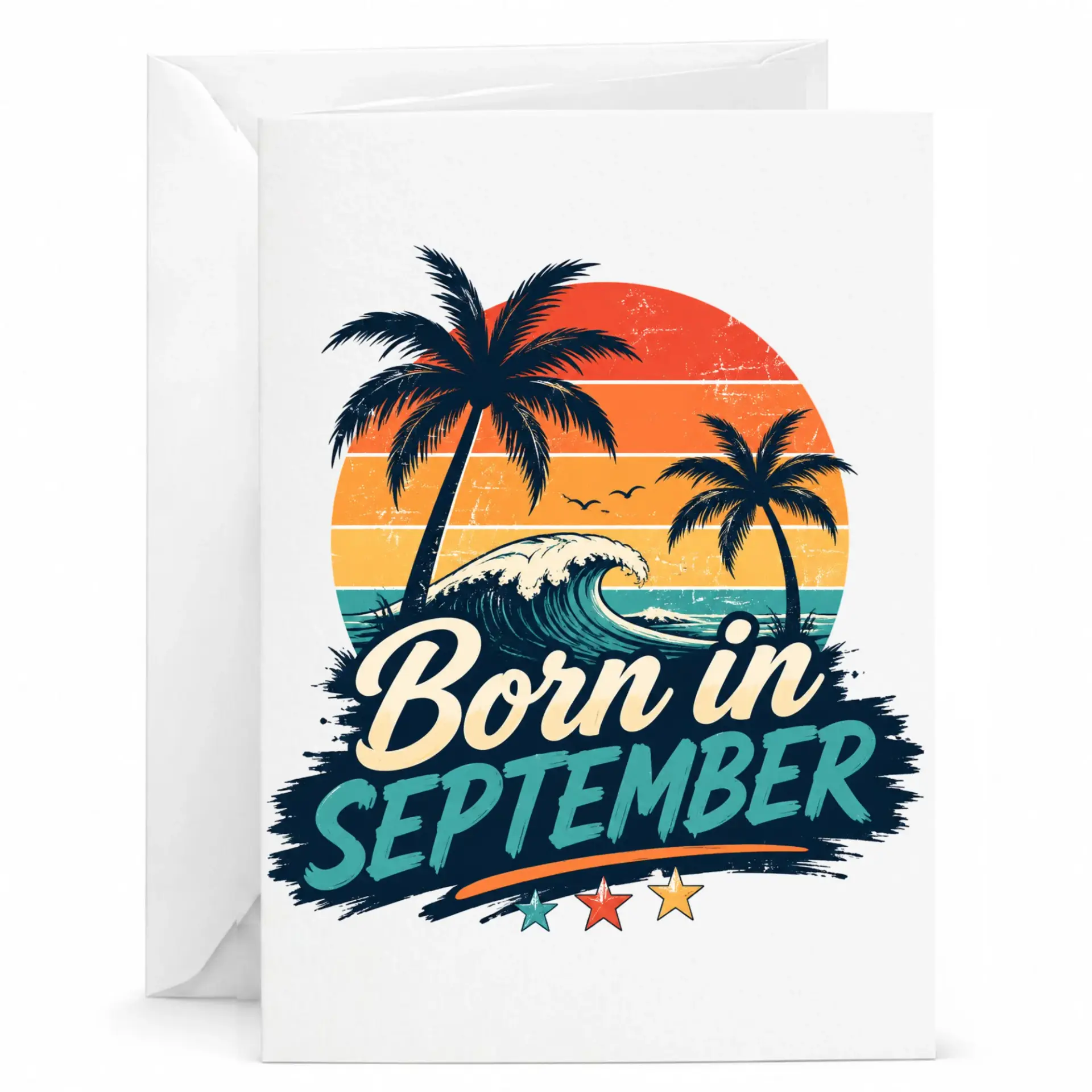 Birthday Card Born in September Vintage Palm Tree Ocean Wave Design Greeting Card for September Birthdays
