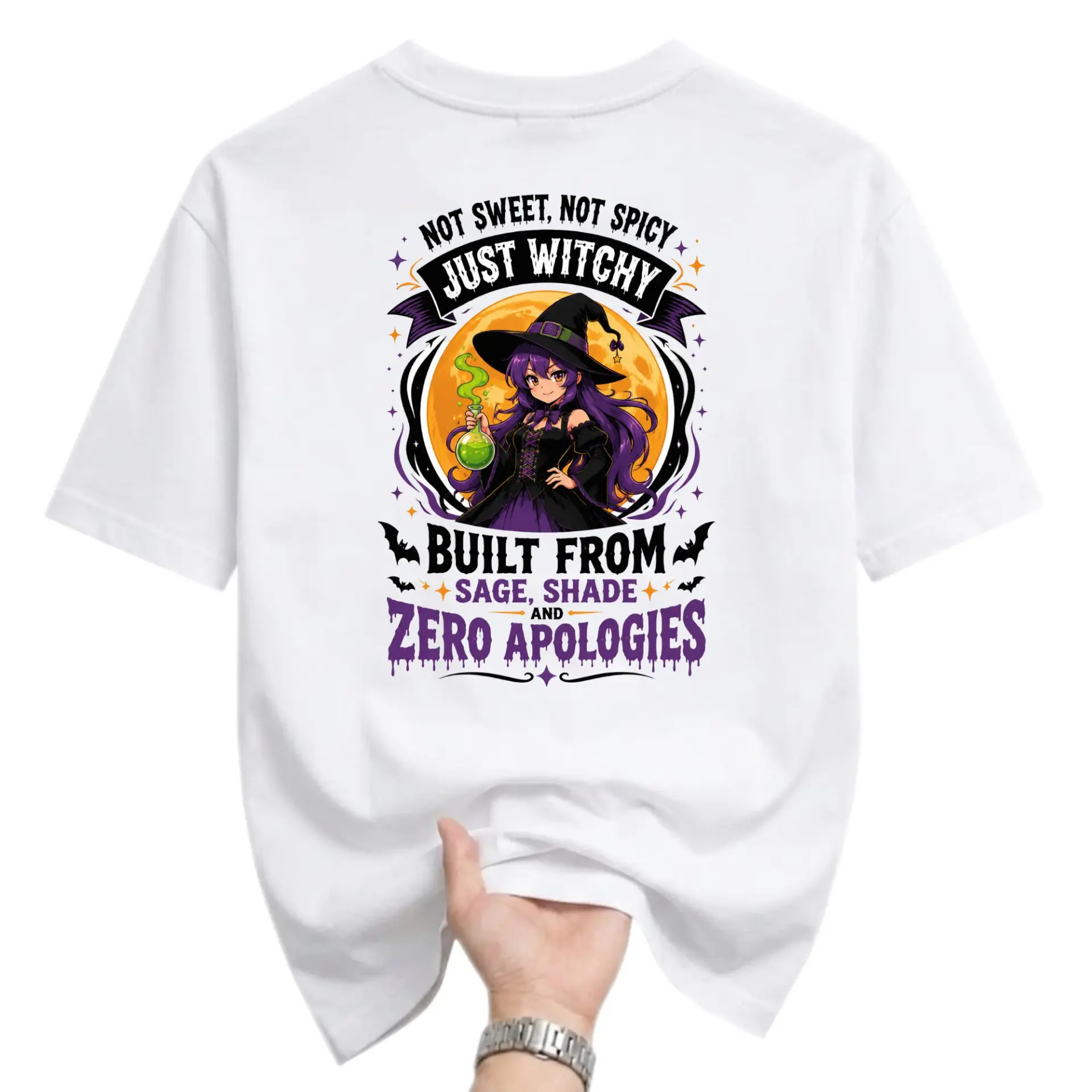 Graphic Tee Not Sweet Not Spicy Just Witchy Funny Shirt for Casual Everyday Wear Unisex Crew Neck Cotton Top