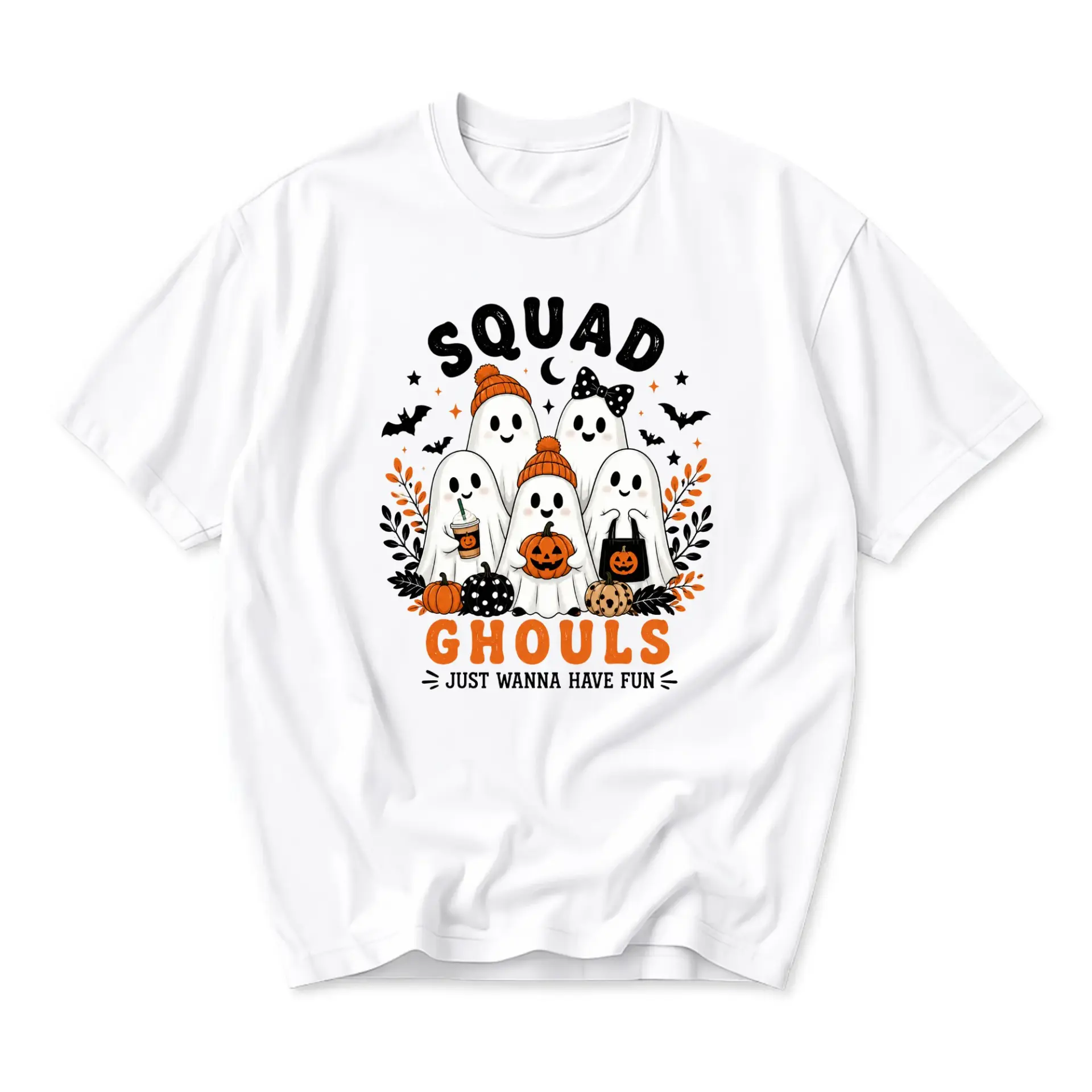 Graphic Tee Squad Ghouls Just Wanna Have Fun Halloween Ghost Pumpkin Illustration Unisex Crew Neck Cotton Shirt