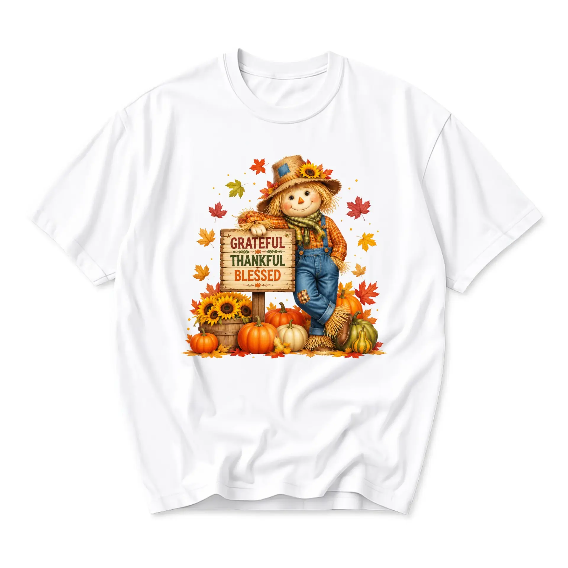 Graphic Tee Grateful Thankful Blessed Scarecrow T-Shirt Autumn Harvest Seasonal Unisex Casual Crew Neck Shirt Top