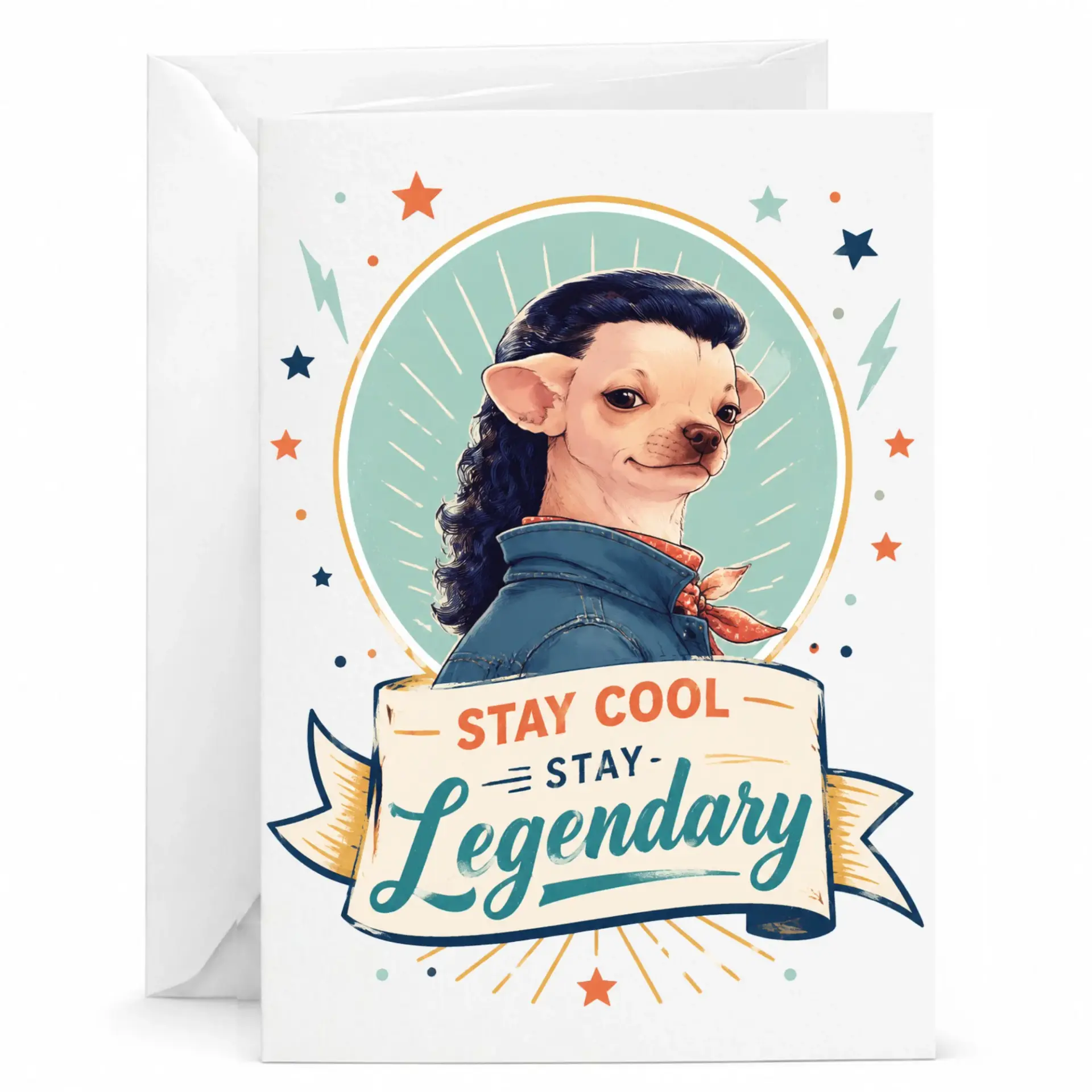 Funny Greeting Card Featuring a Cool Dog with Mullet Hairstyle Retro Style Illustration for Special Occasions