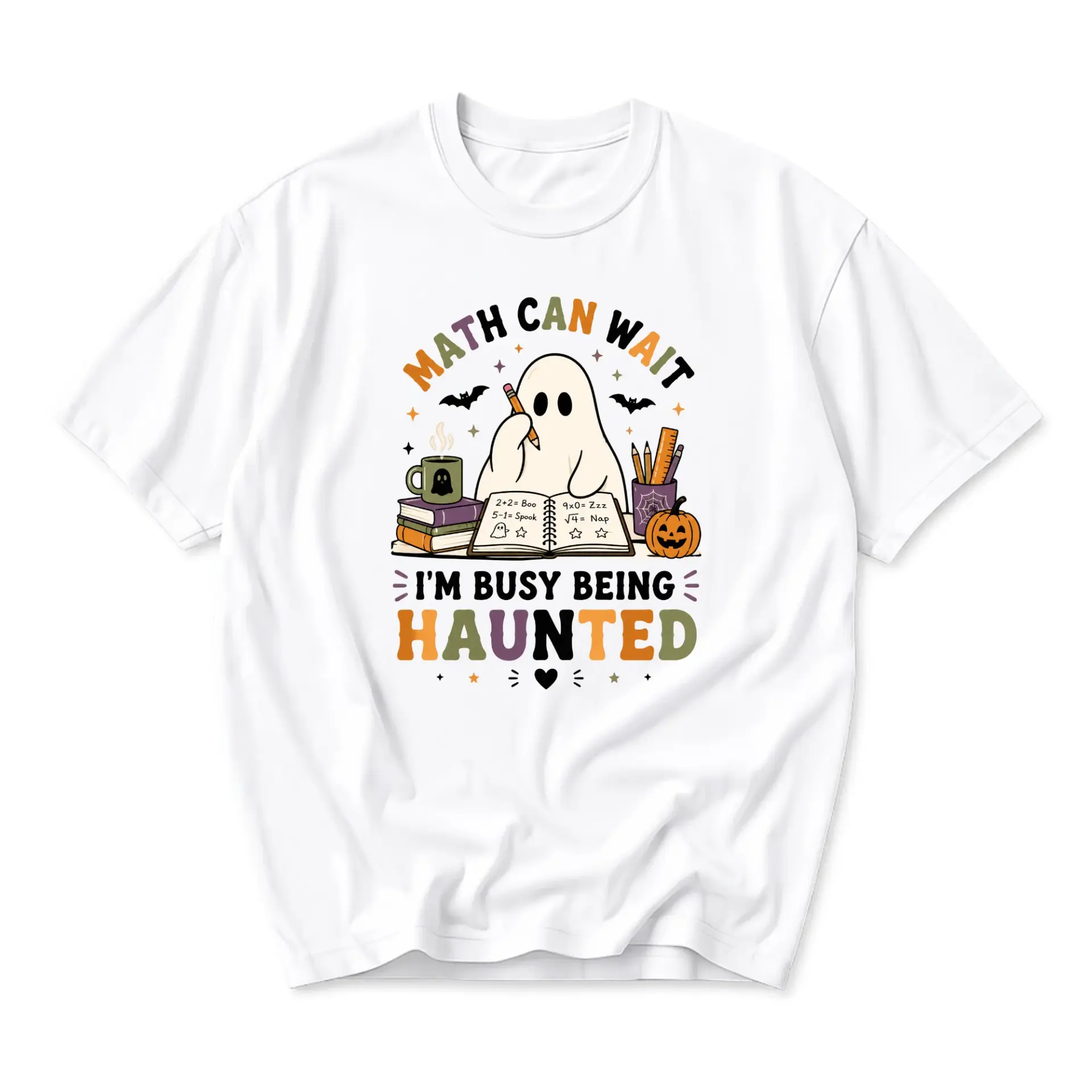 Funny Shirt Math Can Wait I Am Busy Being Haunted Graphic Tee Unisex Casual Crew Neck Halloween School Season Top