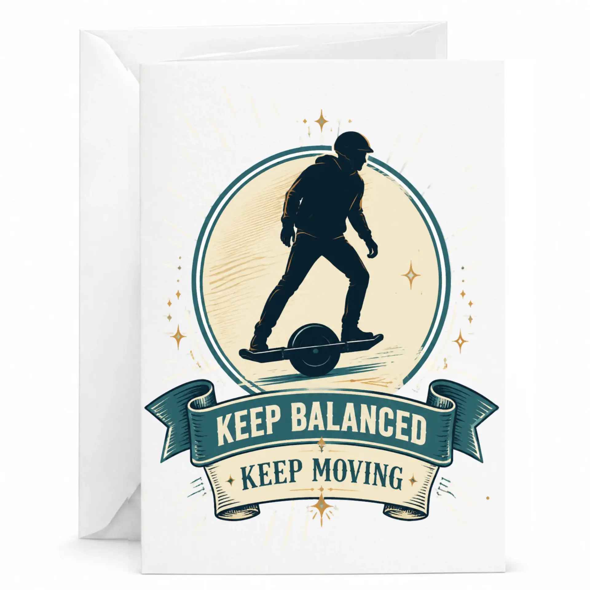 Inspirational Greeting Card Featuring One Wheel Riding with Keep Balanced Moving Motivational Quote