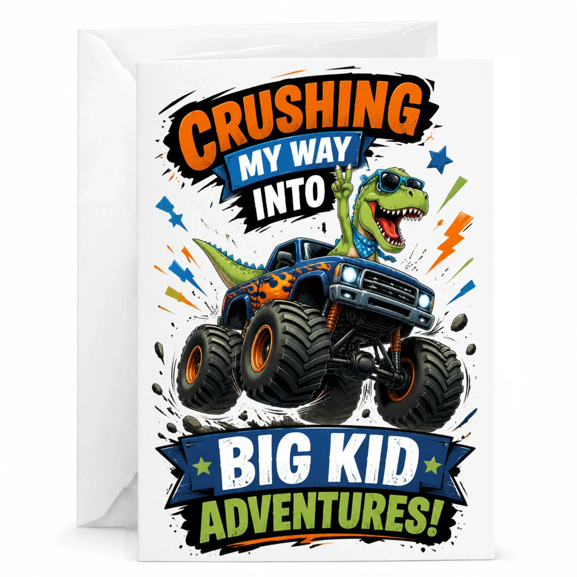 Funny Greeting Card Featuring a Cool Dinosaur Driving a Monster Truck for Enthusiastic and Celebrations