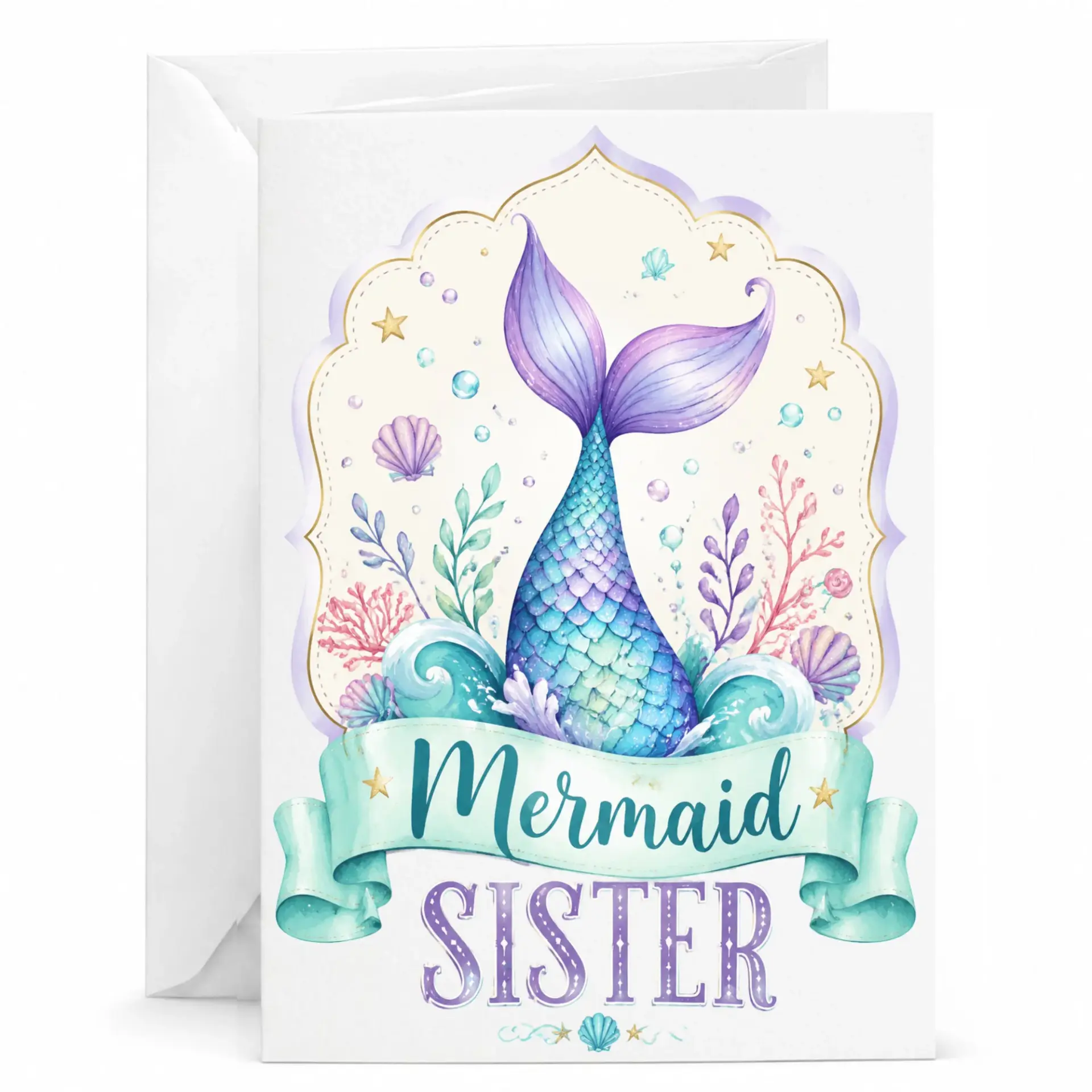 Greeting Card Mermaid Sister Illustrated Underwater Ocean Theme with Seashells and Scales Design 5x7 Inches
