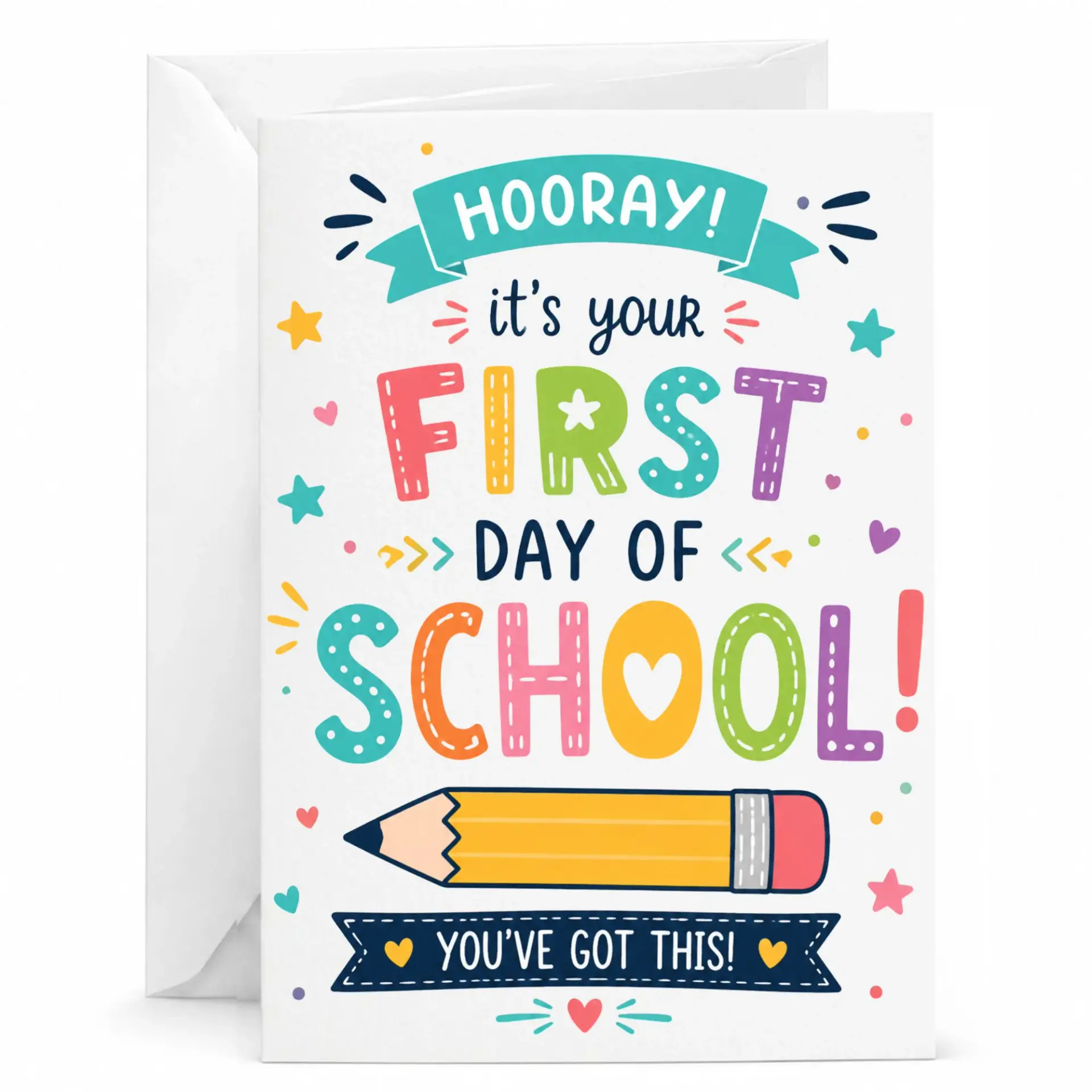 Greeting Card First Day of School Design with Matching Envelope for Achievement Encouragement and