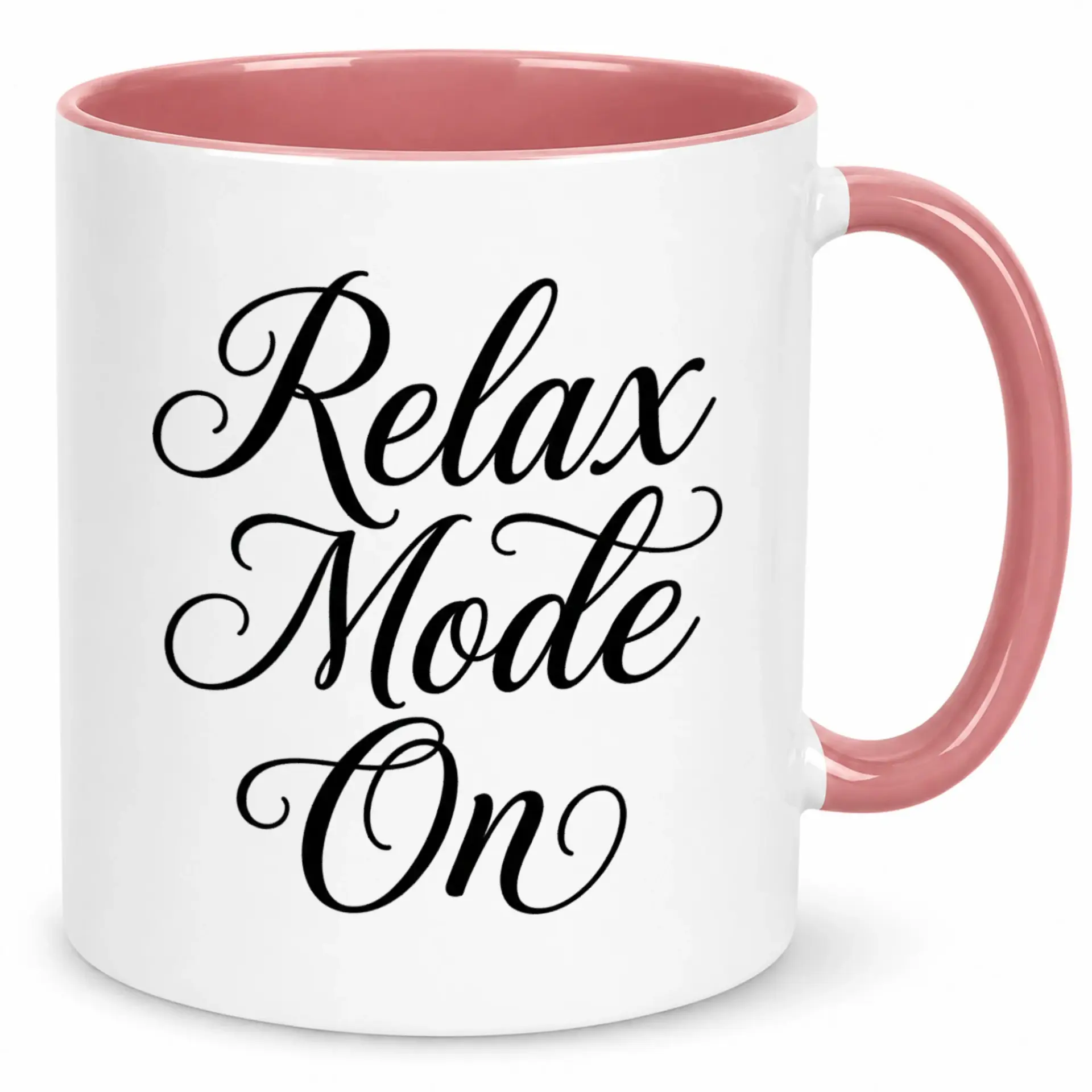 Ceramic Coffee Mug, Relax Mode on Script Design, Premium White Cup with Pink Handle, Thoughtful Gift for Home, Office, or Morning Tea