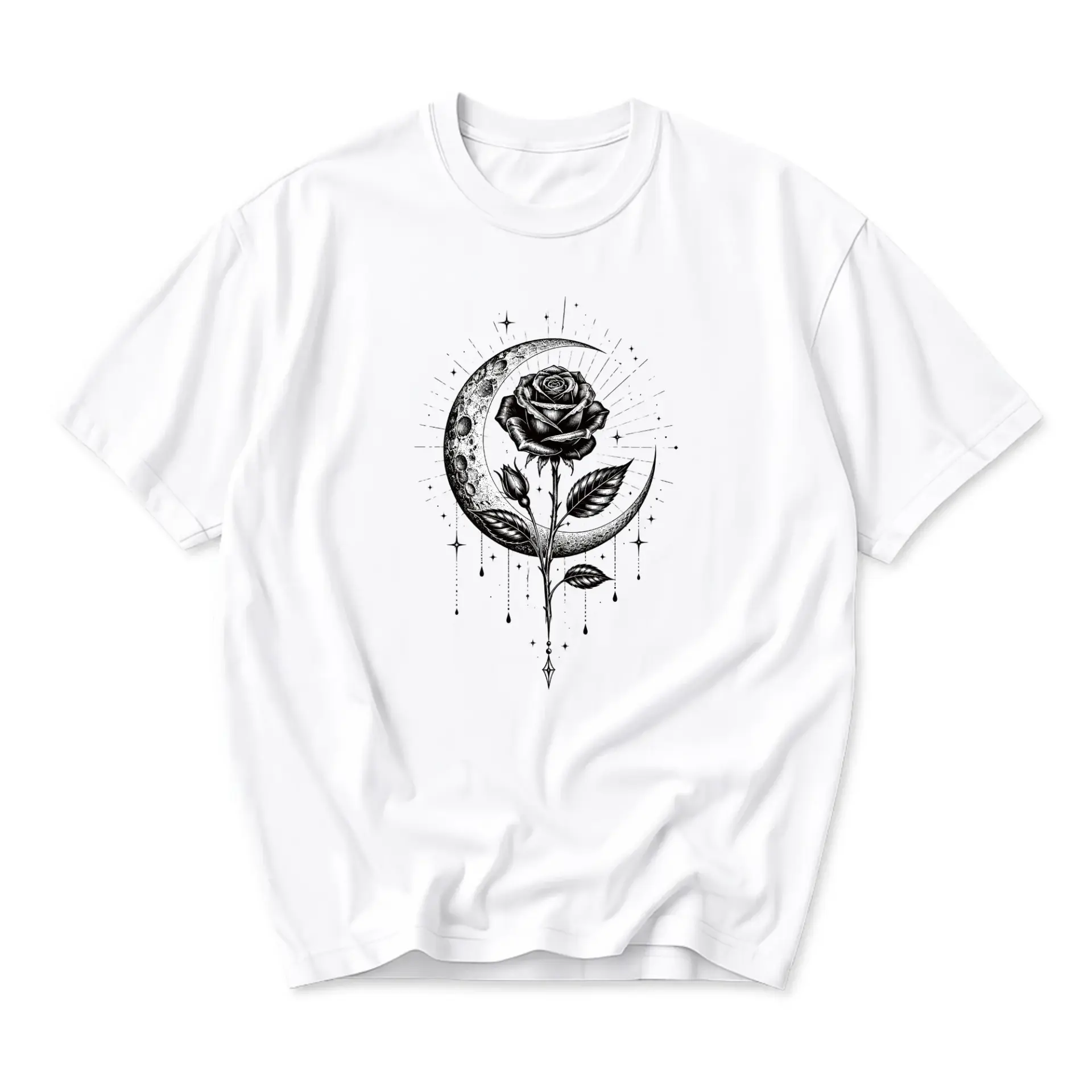 Graphic Tee Unisex Celestial Rose Moon Artistic Illustration Print Cotton Blend Soft Crew Neck Casual Summer Shirt