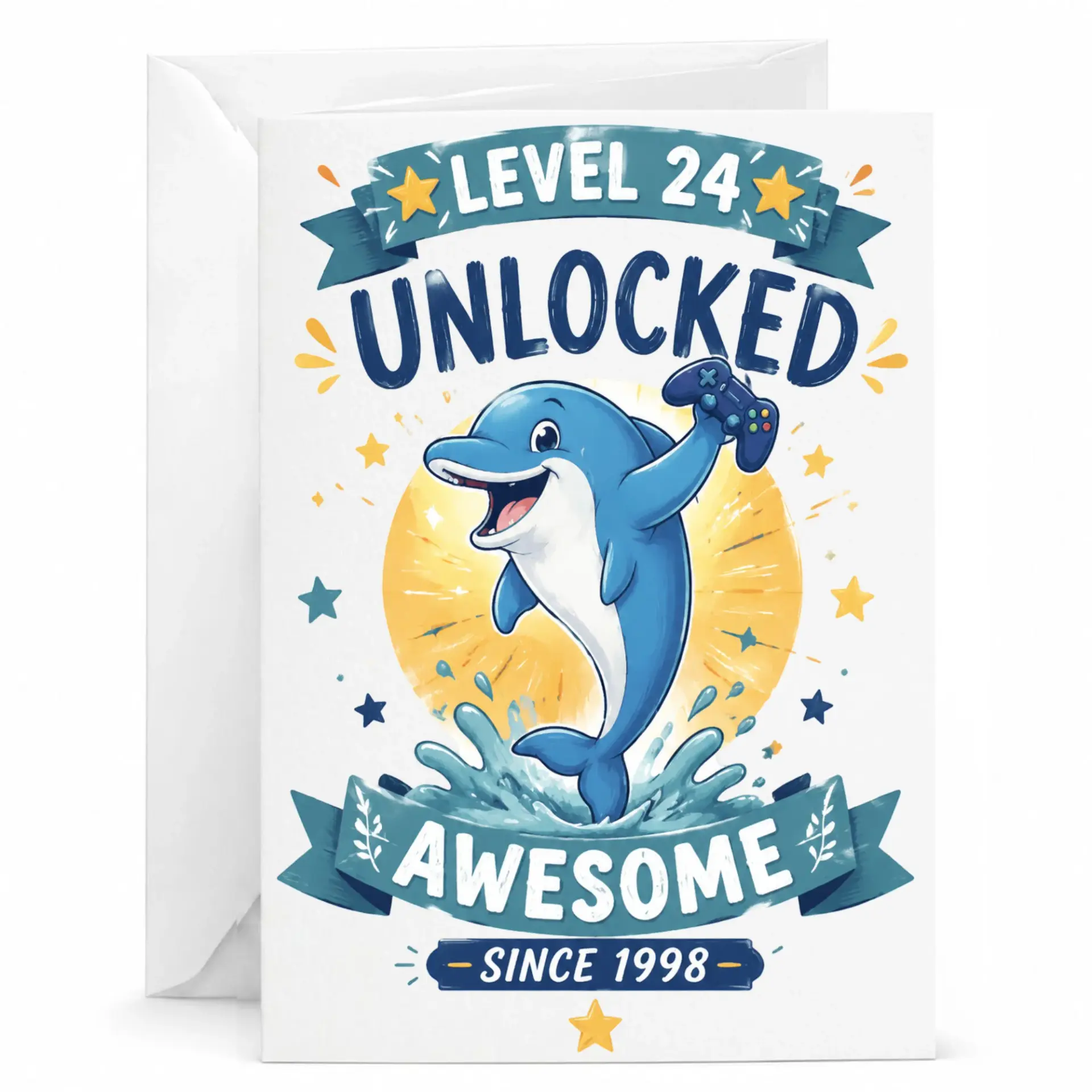 Birthday Card Level 24 Unlocked Awesome Since 1998 Funny Gaming Dolphin Greeting Card for Milestone Birthday Celebration