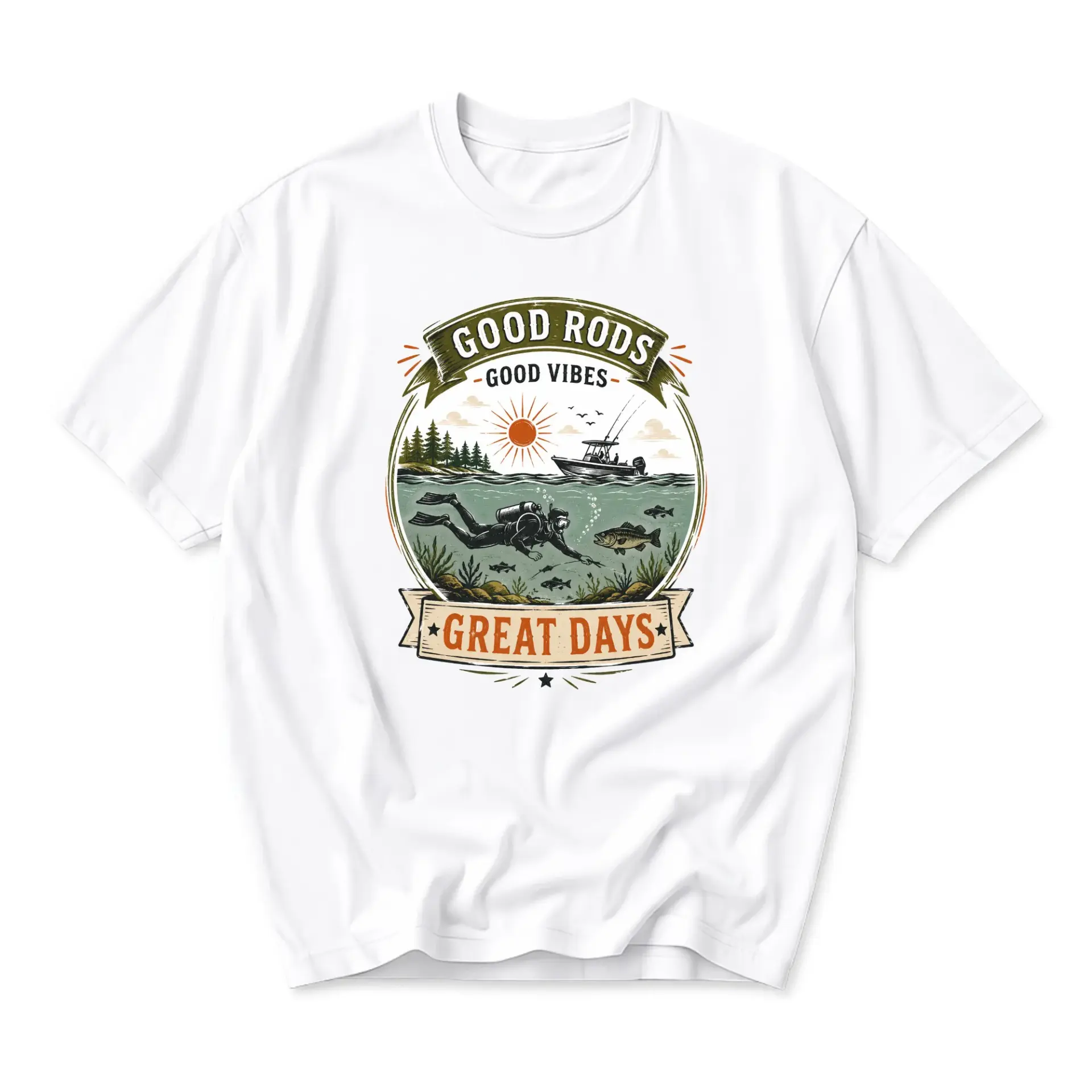 Graphic Tee Good Rods Great Days Fishing Diver Unisex Crew Neck Comfortable Everyday Casual Shirt