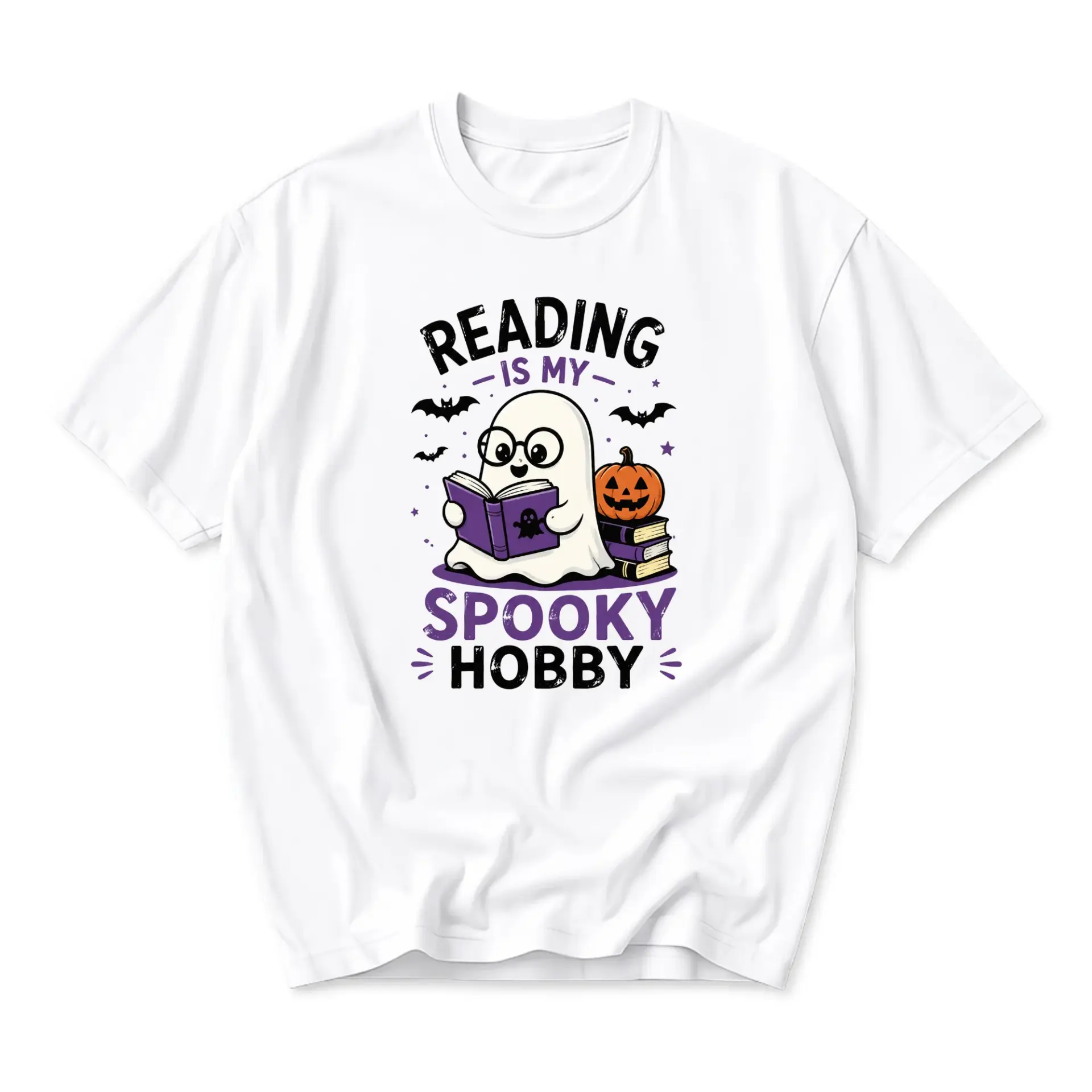 Graphic Tee Reading Is My Spooky Hobby Unisex Shirt Cute Ghost Book Lover Halloween Seasonal Apparel White Crewneck
