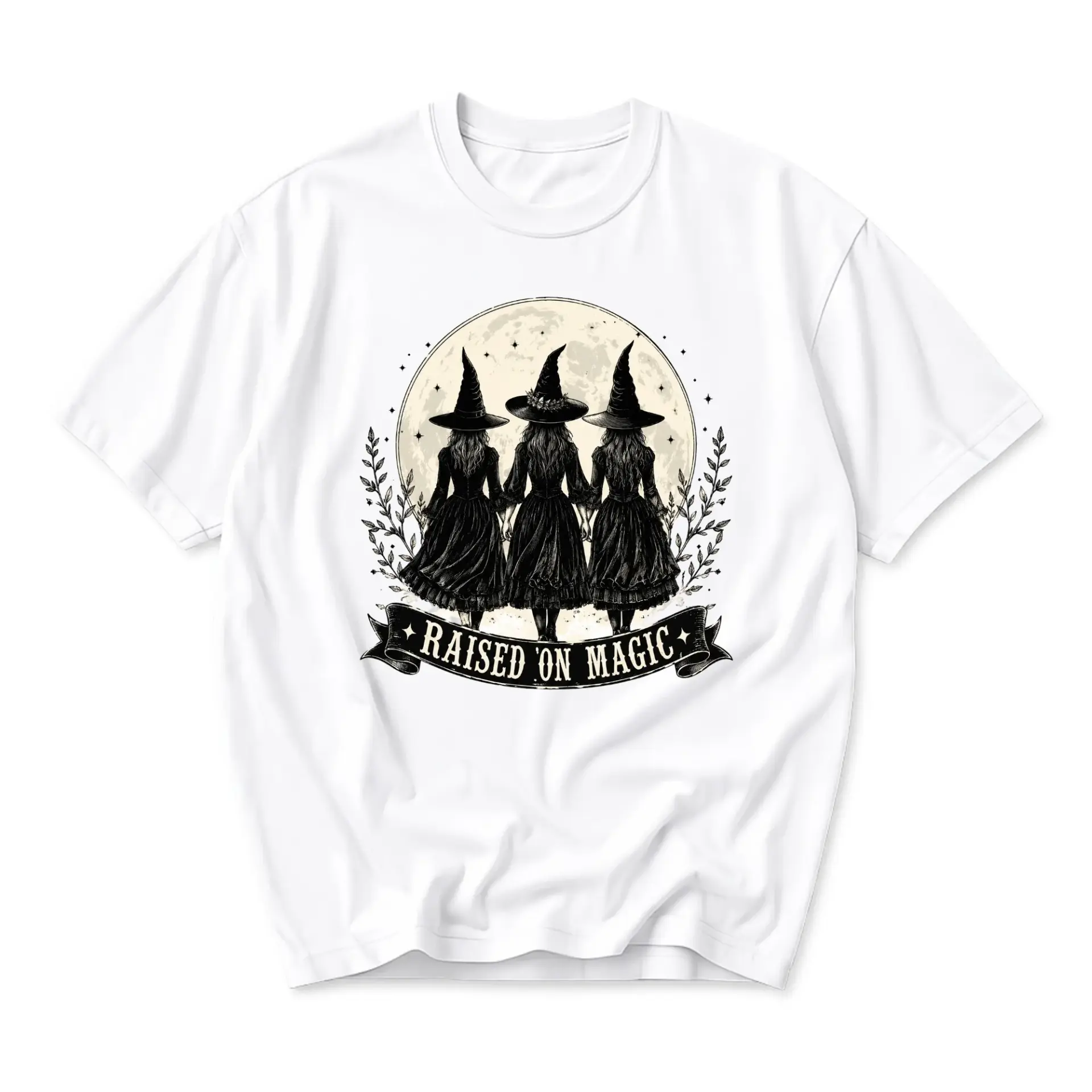 Graphic Tee Raised on Magic Witches Moon Illustration Unisex Casual Cotton Blend Short Sleeve Crew Neck T-Shirt White