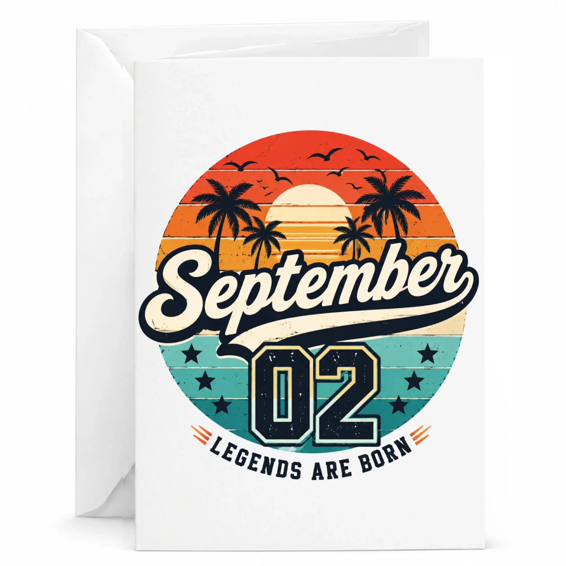 Birthday Card for September 02 Legends Are Born Vintage Sunset Graphic Folded Stationery with Matching White Envelope