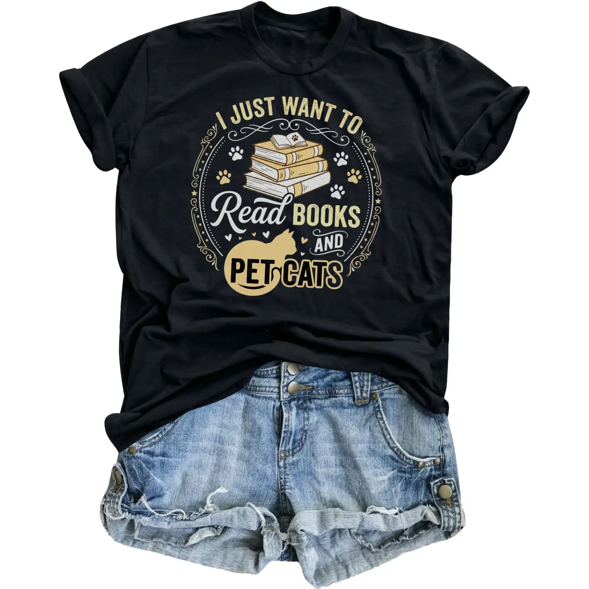 Funny Graphic Tee I Just Want to Read Books and Pet Cats Unisex T-Shirt for Book Lovers Feline Enthusiasts