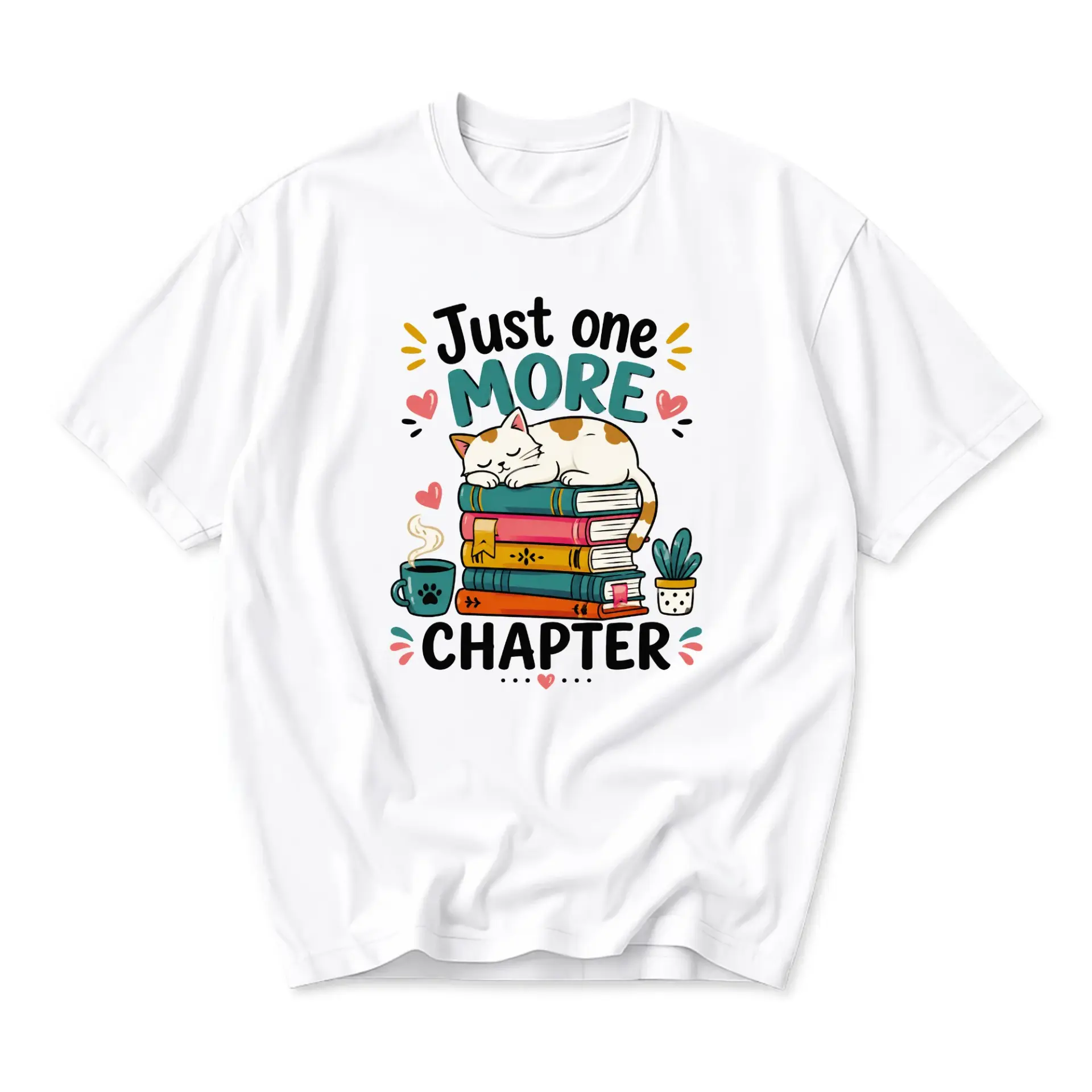 Graphic Tee Just One More Chapter Cute Cat Reading Books Design Unisex Crew Neck Soft Cotton Casual Everyday T-Shirt