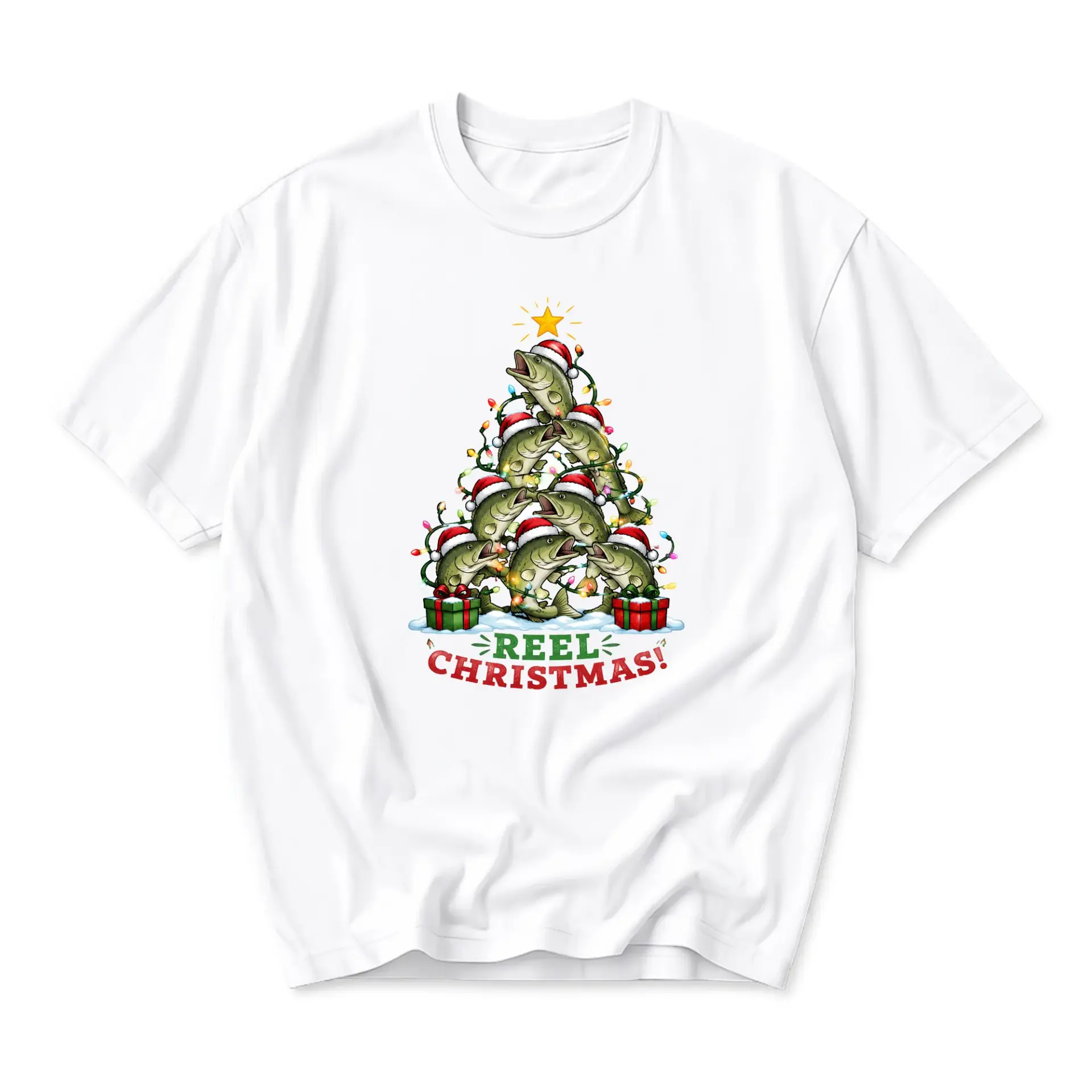 Funny Shirt Reel Christmas Fishing Tree Graphic Tee Unisex Crew Neck Short Sleeve Casual Holiday Apparel for Outdoorsmen