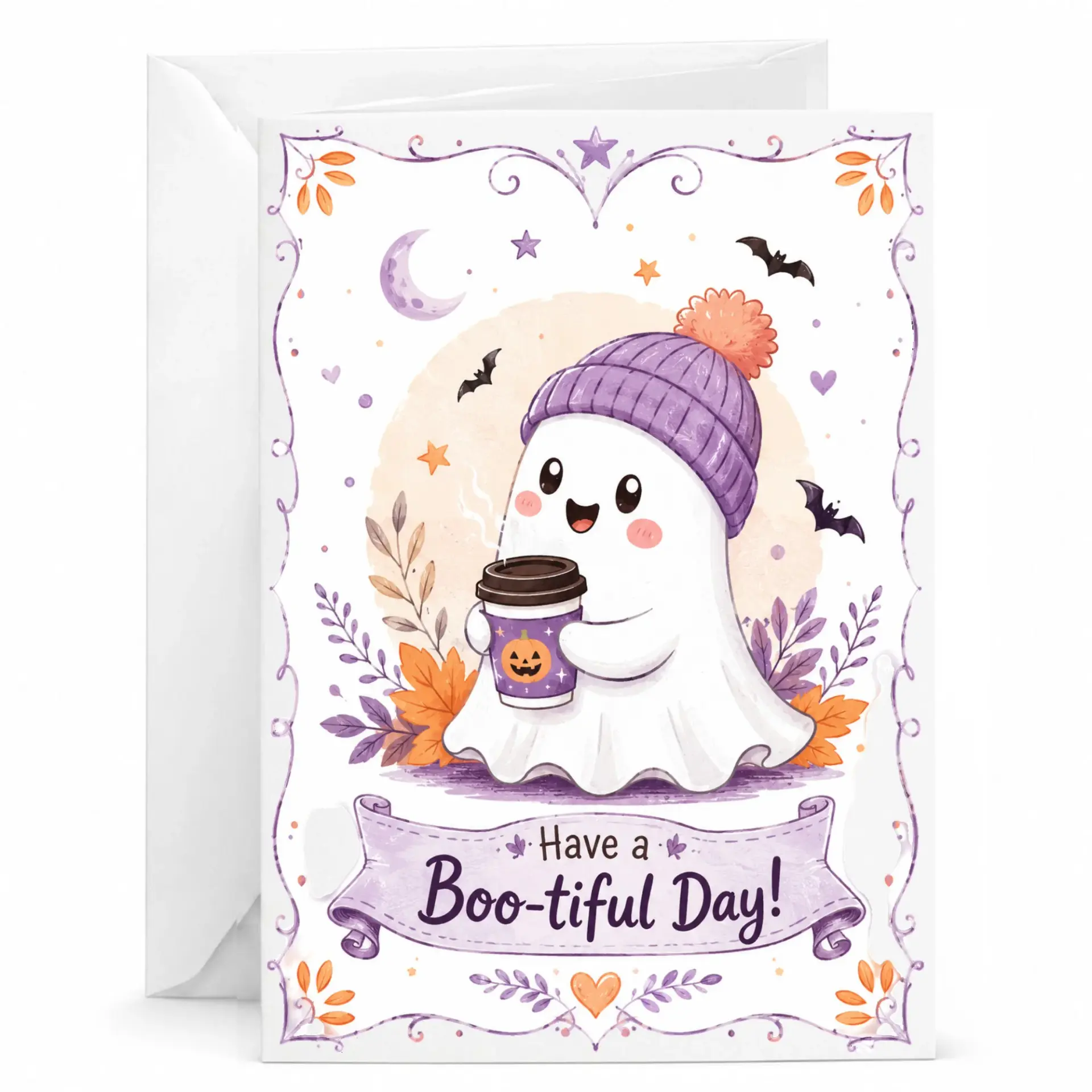 Funny Greeting Card Have a Boo-Tiful Day Featuring Cute Drinking Coffee for Autumn Fall Season Wishes