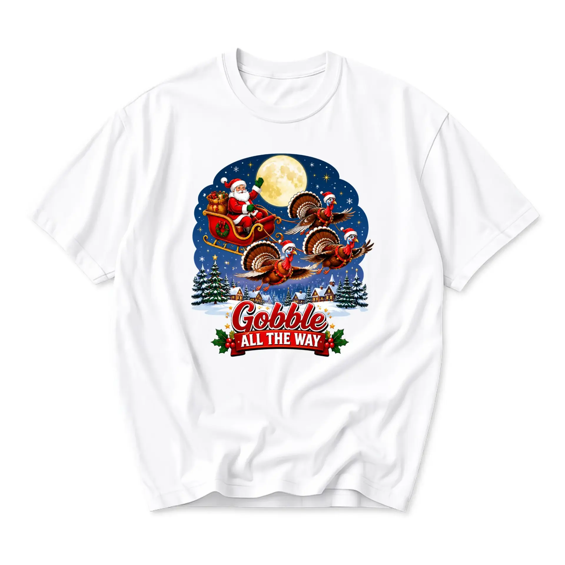 Funny Shirt Gobble All the Way Thanksgiving Christmas Graphic Tee Unisex Holiday Crew Neck Short Sleeve Casual Top