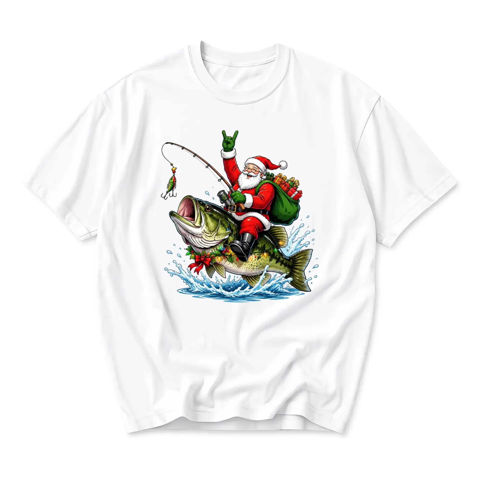 Graphic Tee Santa Fishing Catching a Large Holiday Humor Unisex Cotton