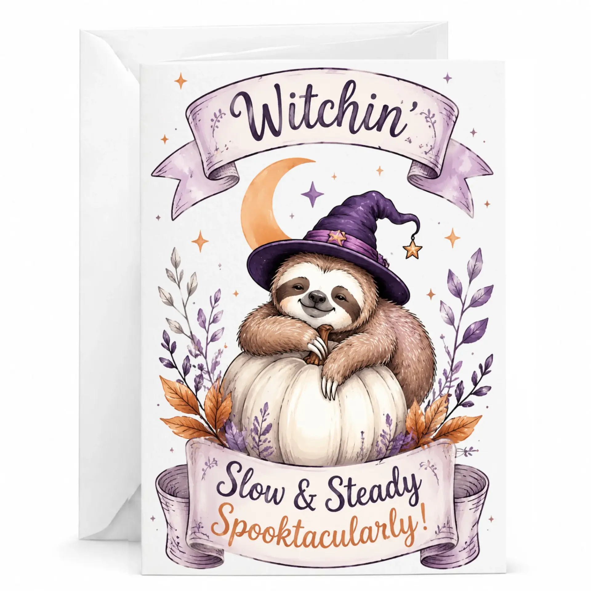 Funny Sloth Greeting Card with Witch Hat and Pumpkin for Fall Autumn Halloween Seasonal Greetings 5x7 Inches