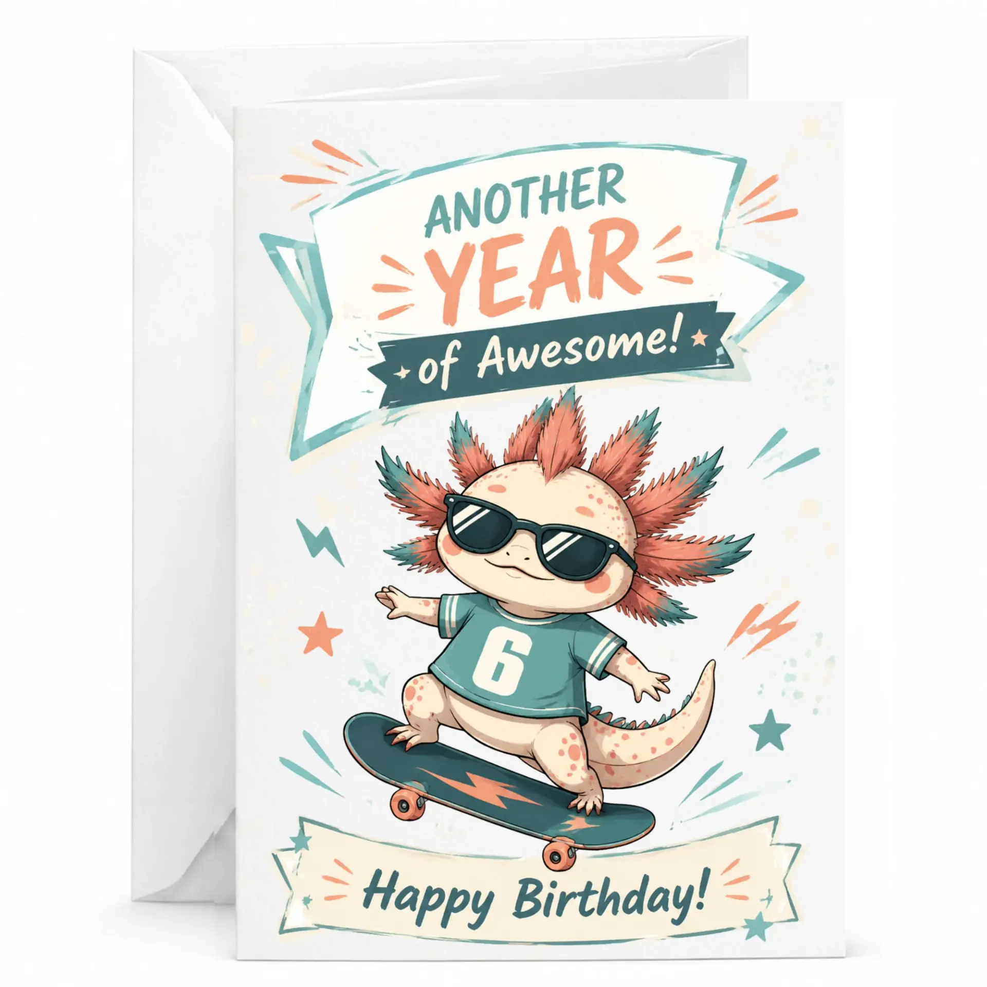 Birthday Card Featuring Cool Axolotl Skateboarding Design for Awesome Celebrations Blank Interior 5x7 Greeting
