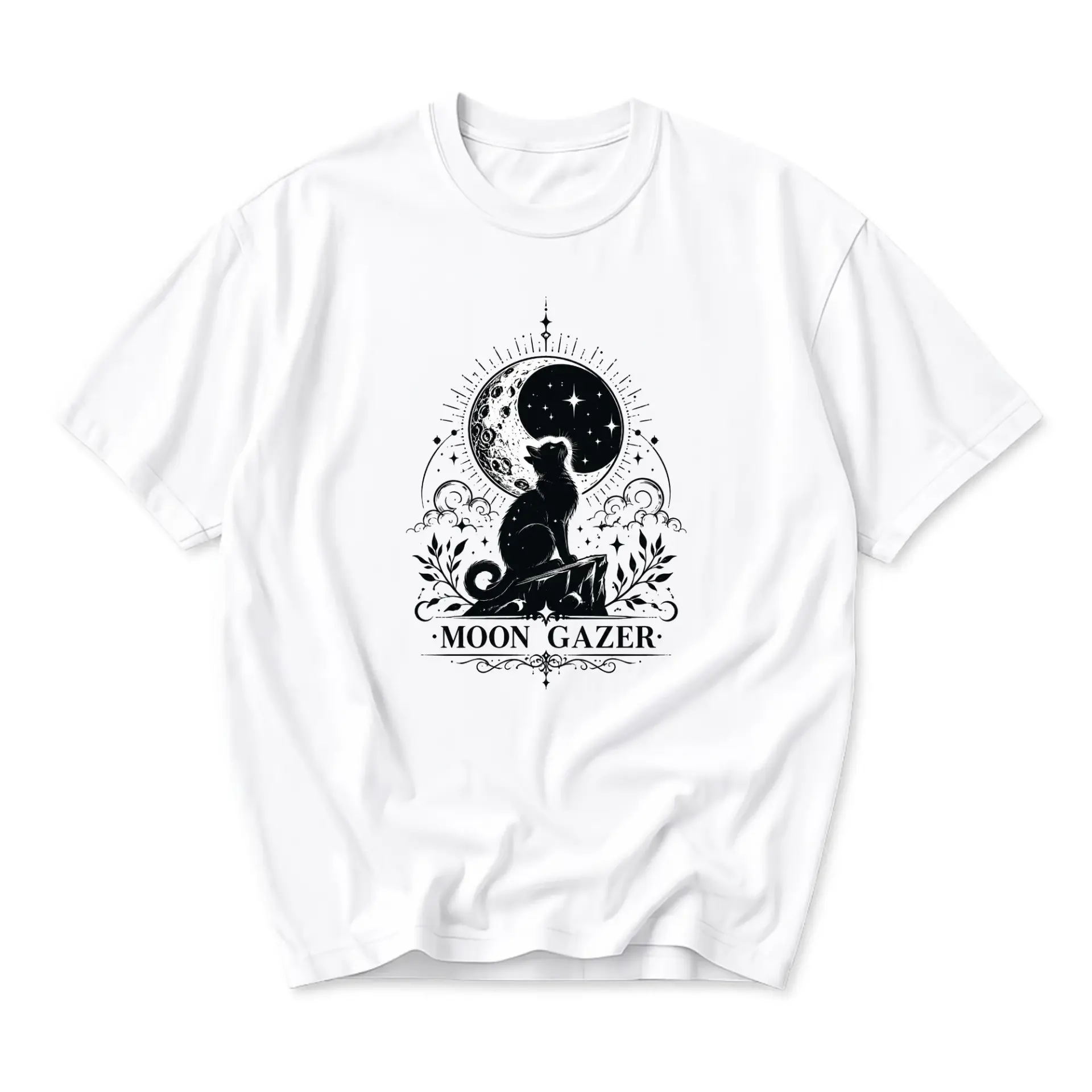 T-shirt Moon Gazer Graphic Tee Celestial Cat Artwork Unisex Casual Cotton Blend Short Sleeve Crew Neck Top