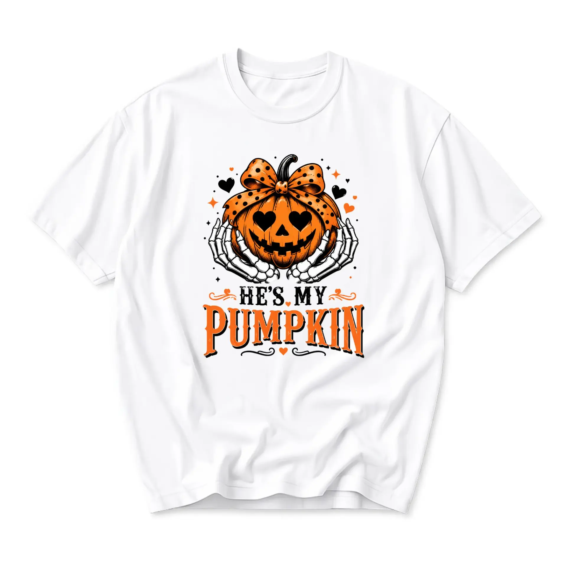 Funny Shirt He's My Pumpkin Halloween Graphic Tee Unisex Crew Neck Short Sleeve Casual Cotton Blend Apparel White