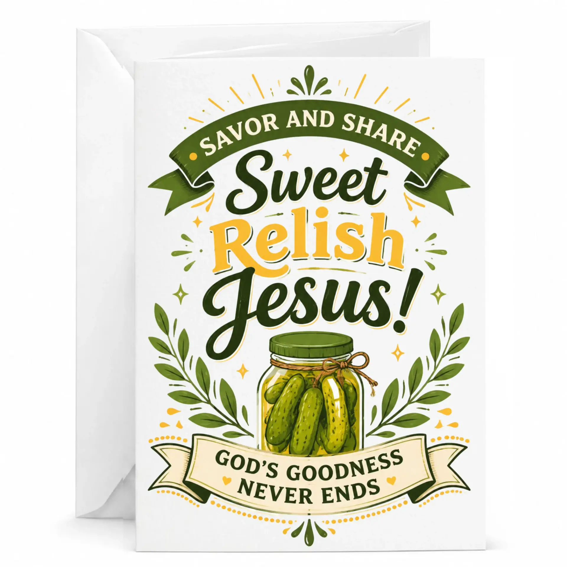 Funny Sweet Greeting Card Featuring Illustrated Jar of Pickles for Uplifting Spiritual Sentiment