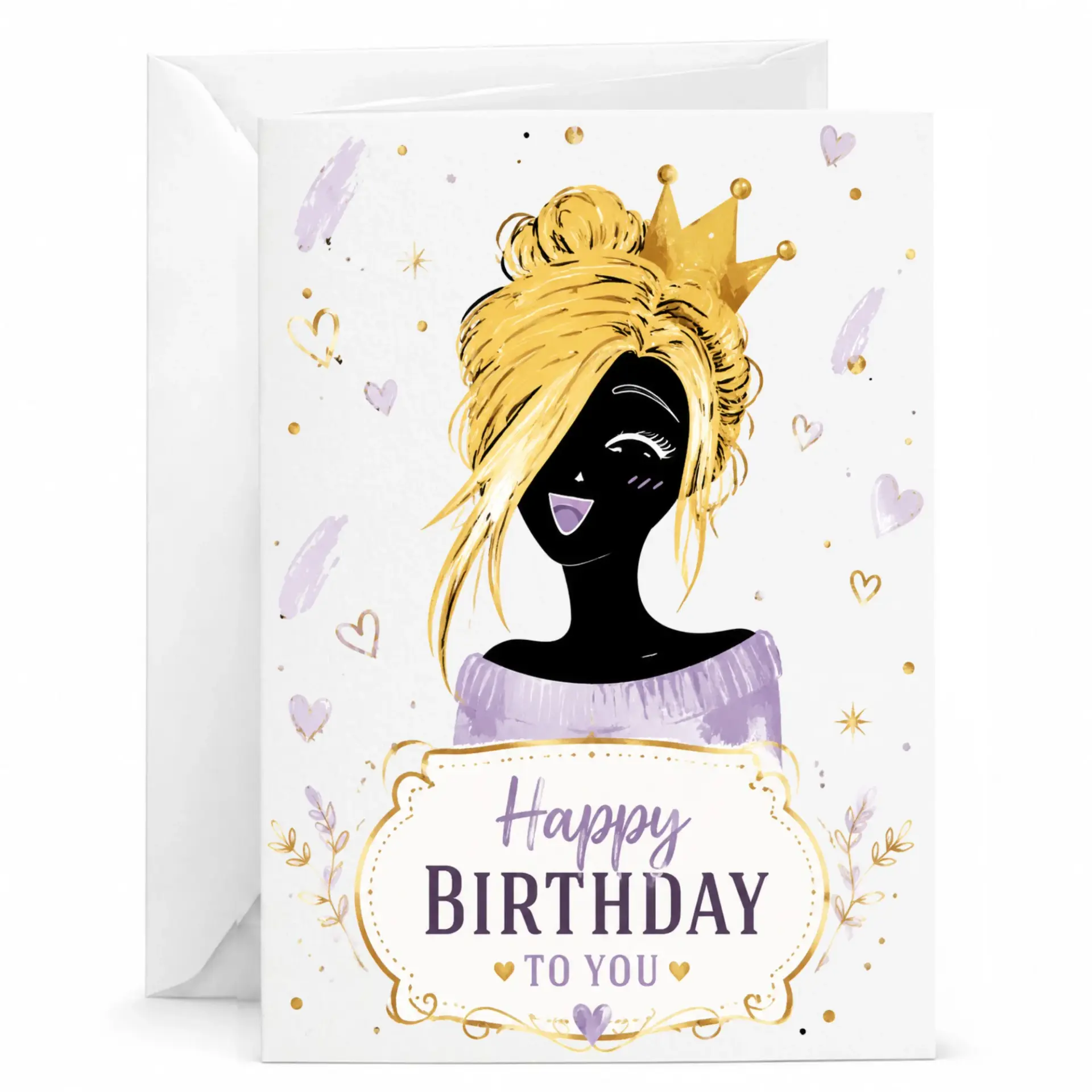 Birthday Card Featuring Illustrated Queen Character with Gold Crown Design and Elegant Lavender Color Accents