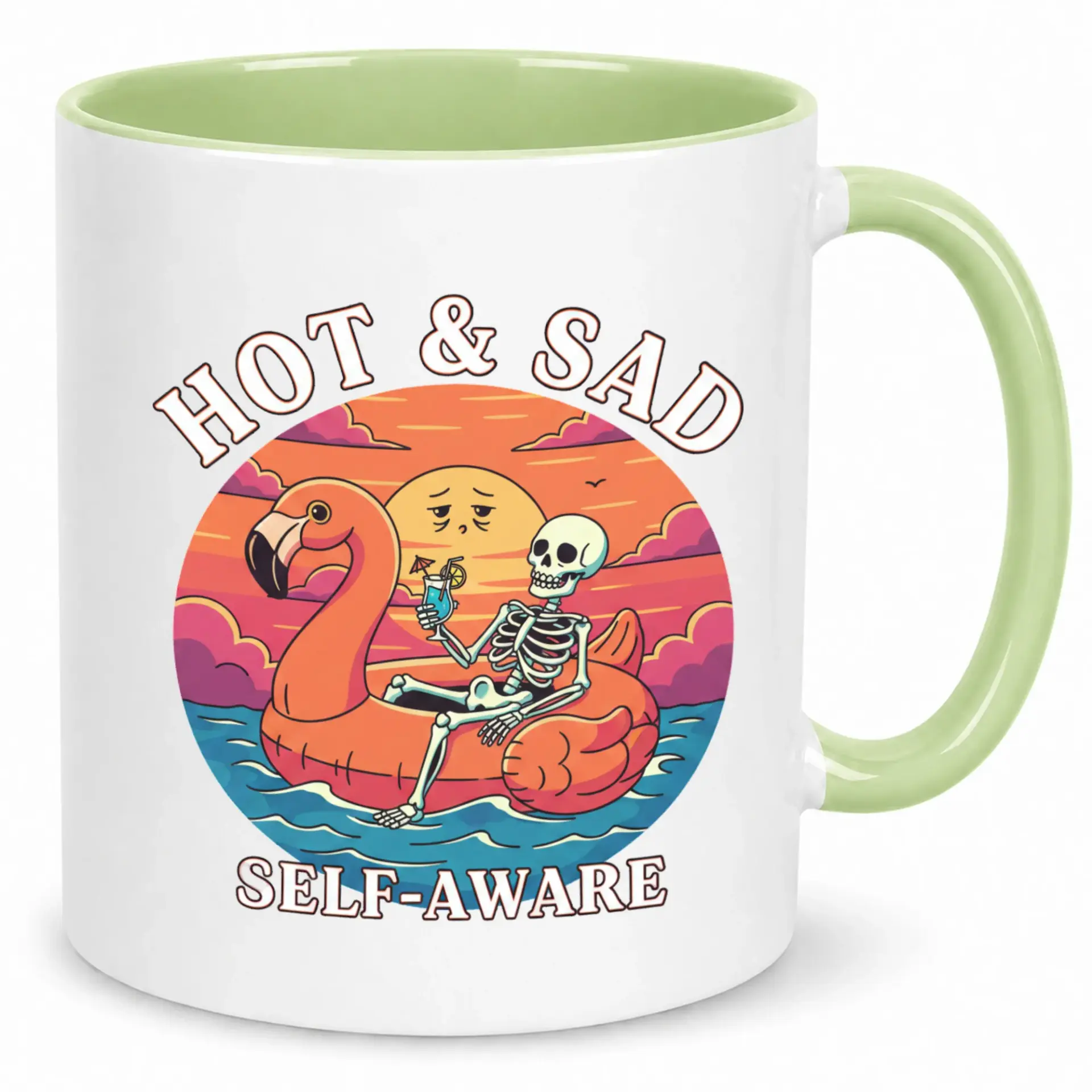 Funny Skeleton Flamingo Pool Float Coffee Mug, Ceramic Tea Cup with 'hot & Sad Self-Aware' Design, Humorous Drinkware for Home Office