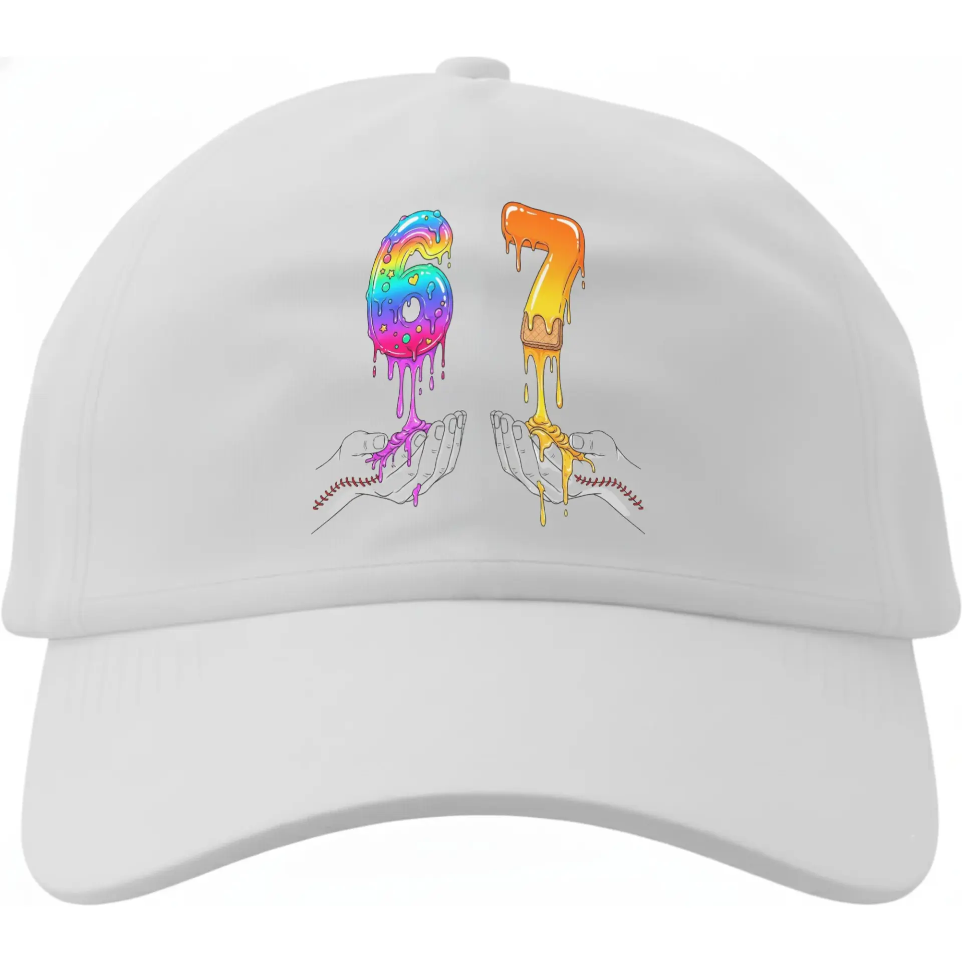 Dad Hat Baseball Cap Featuring Number Sixty Seven Graphic with Dripping Melted Paint Design on White Fabric