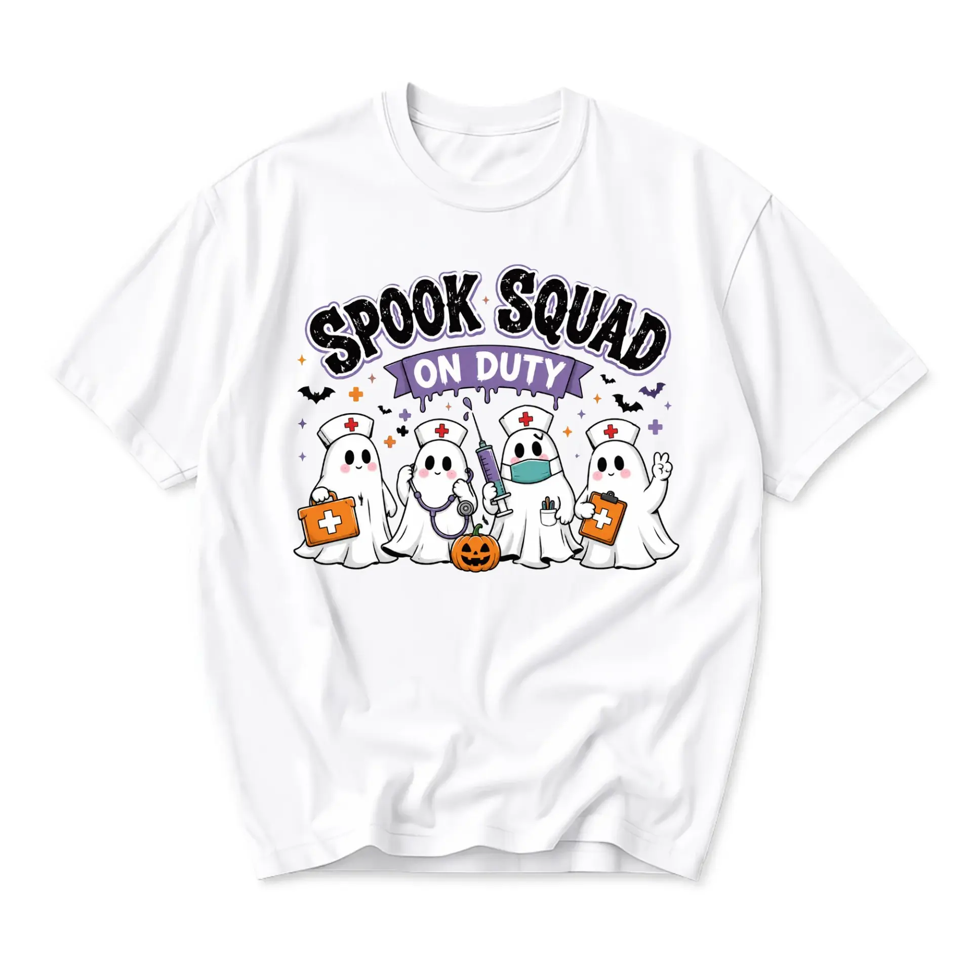 Funny Shirt Spook Squad on Duty Graphic Tee for Medical Professionals Cute Ghost Halloween Unisex Crew Neck Casual Top