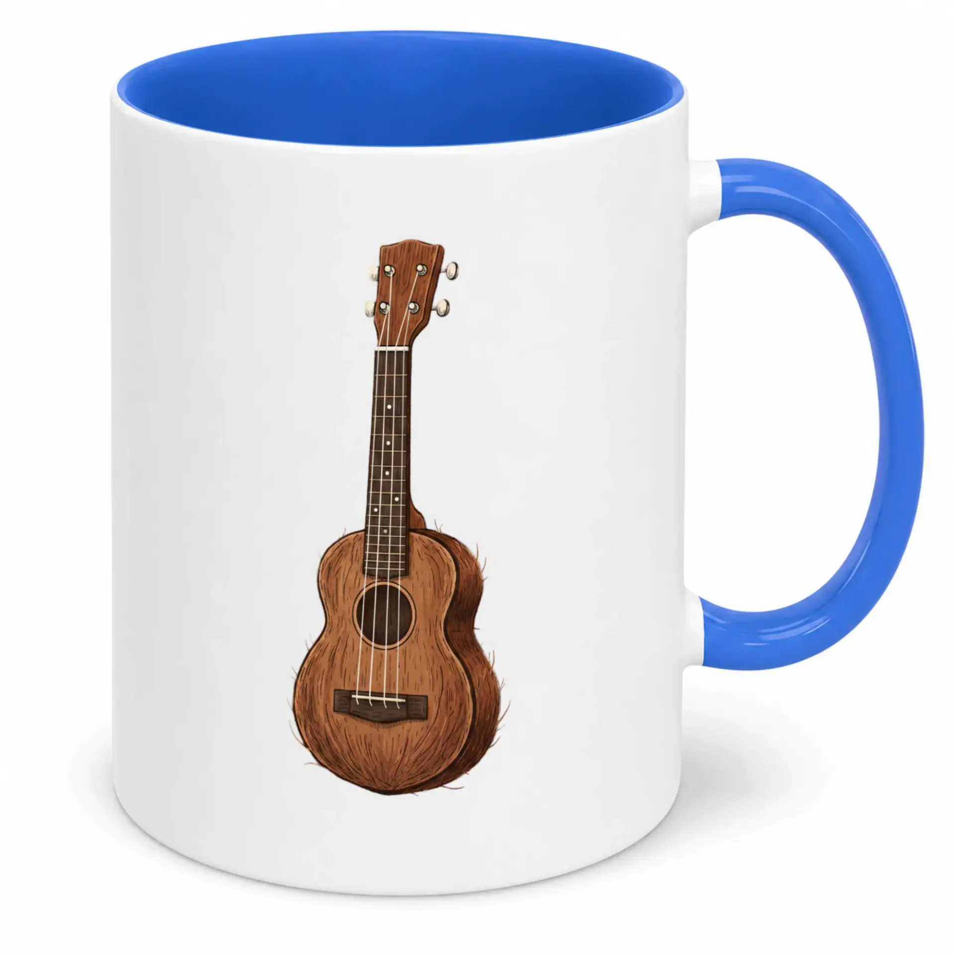 Ceramic Coffee Mug with Ukulele Instrument Art Print, 11oz or 15oz Two-Tone Blue Handle and Interior Drinkware Gift