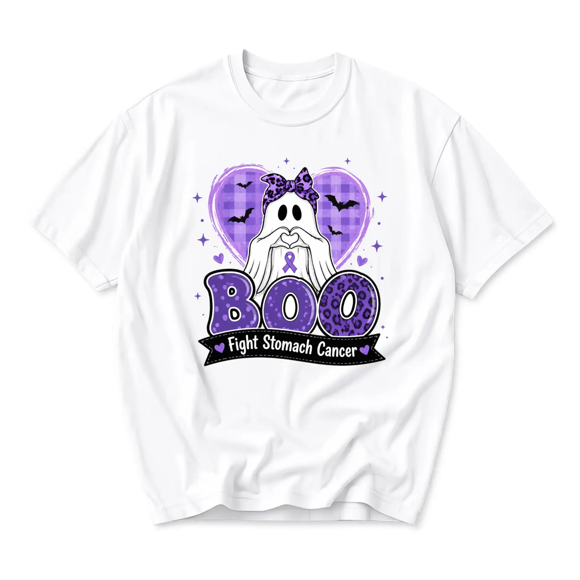 Graphic Tee Unisex Crew Neck T-Shirt Featuring Ghost Boo Stomach Cancer Awareness Design in Purple and White