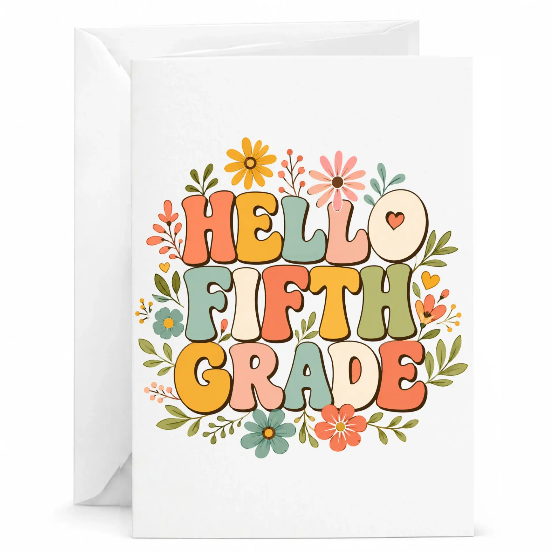 Greeting Card Hello Fifth Retro Floral Design 5x7 Inches Folded Stationary with White Envelope