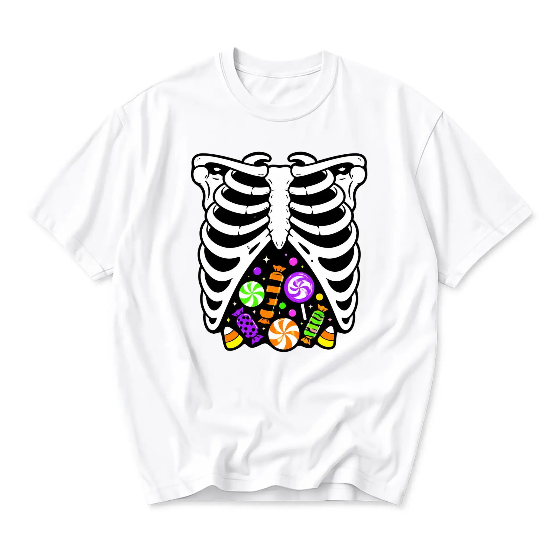 Graphic Tee Unisex Skeleton Ribcage with Colorful Candies Anatomy Halloween Themed Crew Neck Short Sleeve Shirt