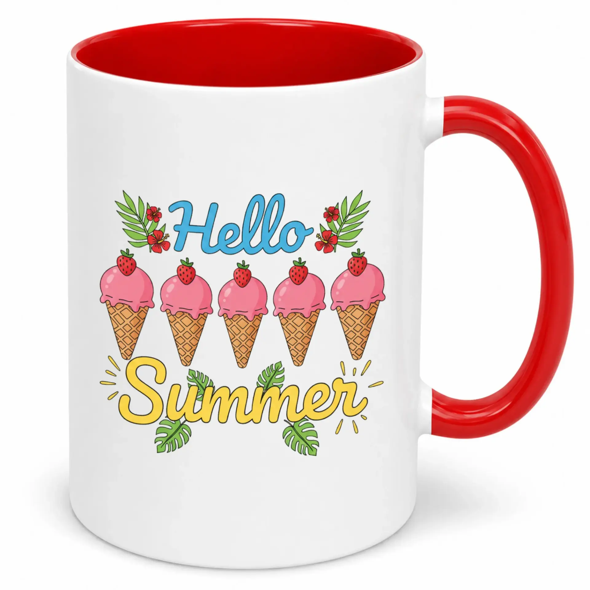 Ceramic Coffee Mug with 'hello Summer' Ice Cream Design, Vibrant Summer-Themed Drinkware for Hot or Cold Beverages, Unique Seasonal Gift
