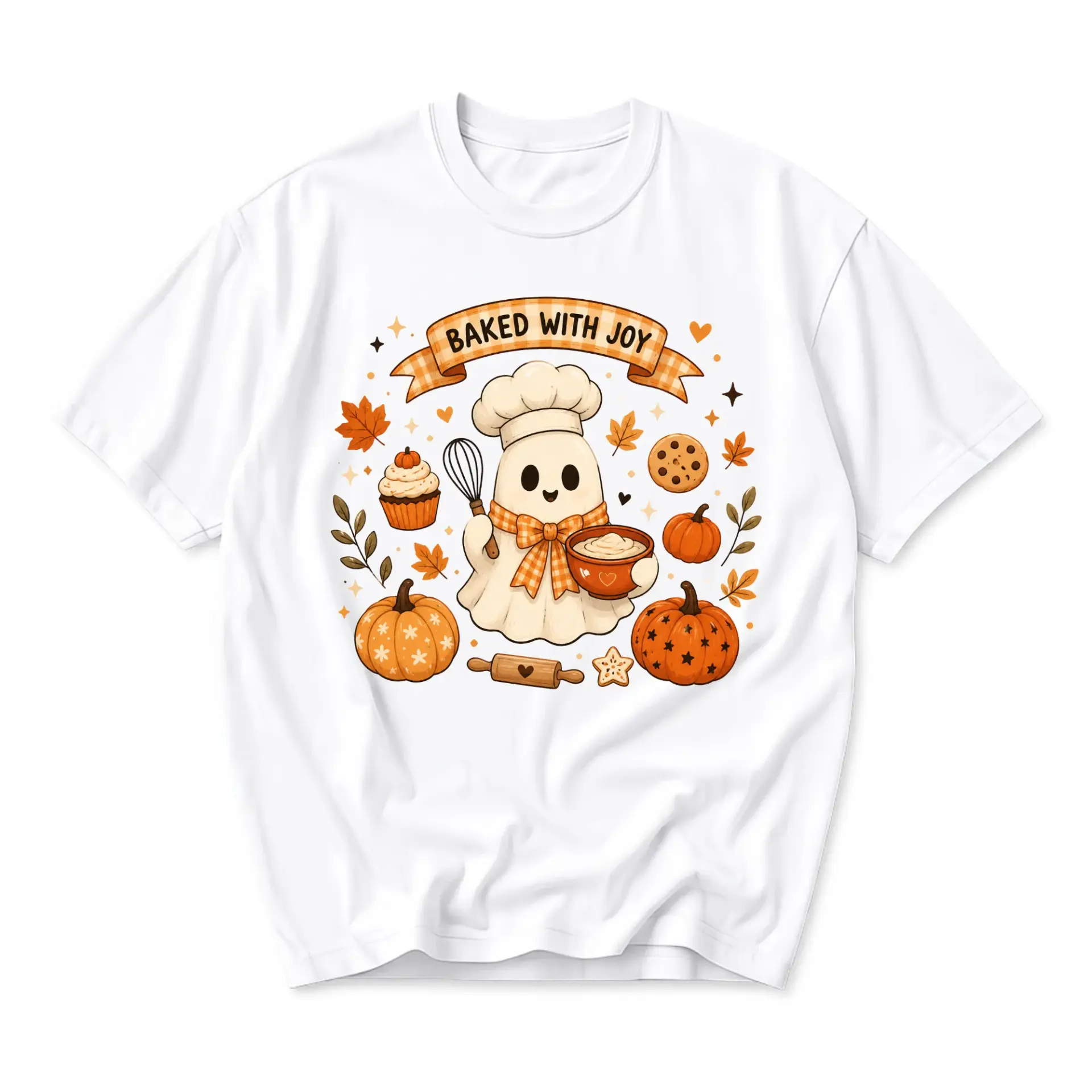 Graphic Tee Baked with Joy Ghost Chef Fall Theme Unisex Crew Neck T-Shirt for Casual Autumn Season Everyday Outfit