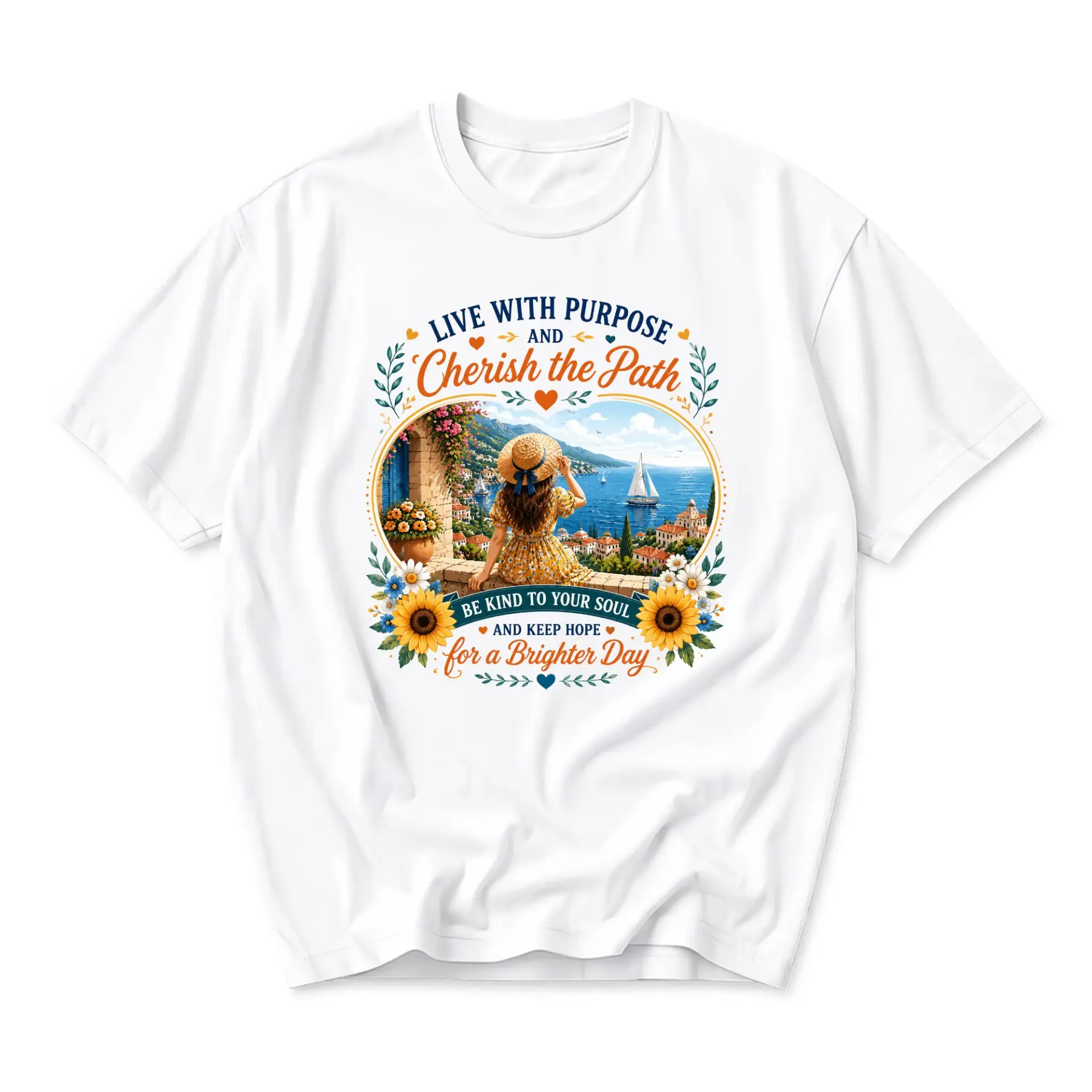 Graphic Tee Live with Purpose and Cherish the Path Inspirational Quote Floral Scenic Coastal Summer Art T-Shirt