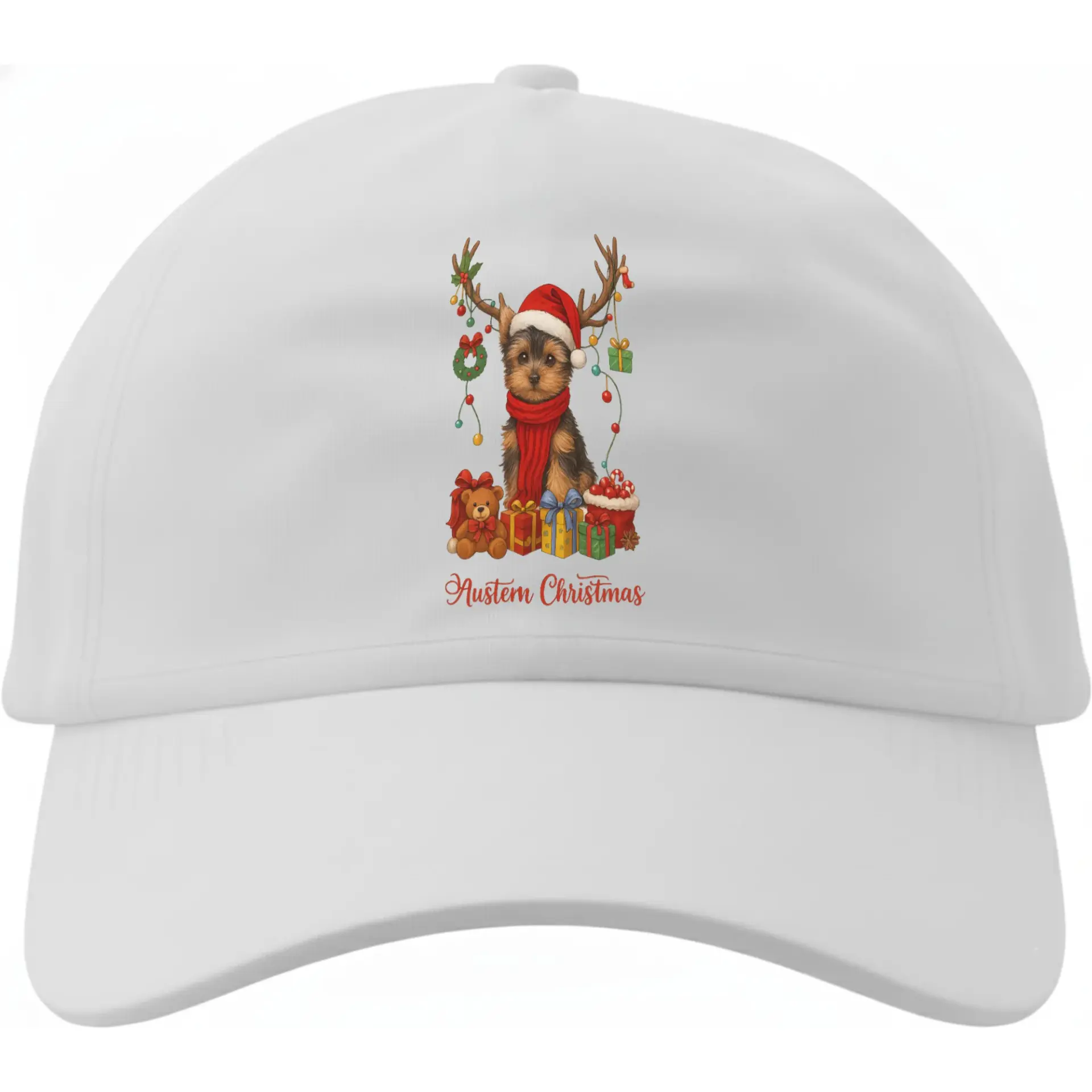 Baseball Cap Featuring Festive Puppy with Reindeer Antlers and Presents for Holiday Season and Everyday Casual Wear