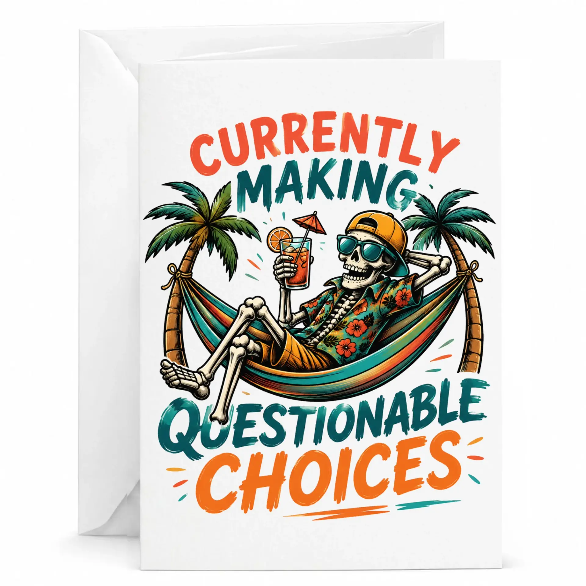 Funny Greeting Card Currently Making Questionable Skeleton Relaxing in Hammock with Tropical Drink