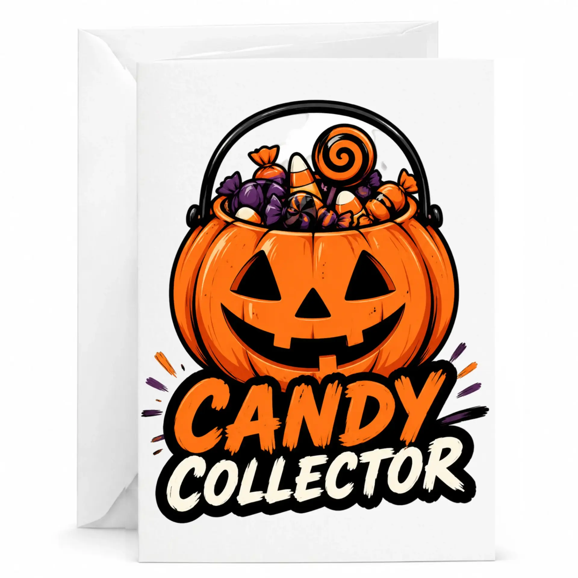 Candy Halloween Greeting Card Festive Pumpkin Basket Illustration Fall Season Stationery for Seasonal Greetings